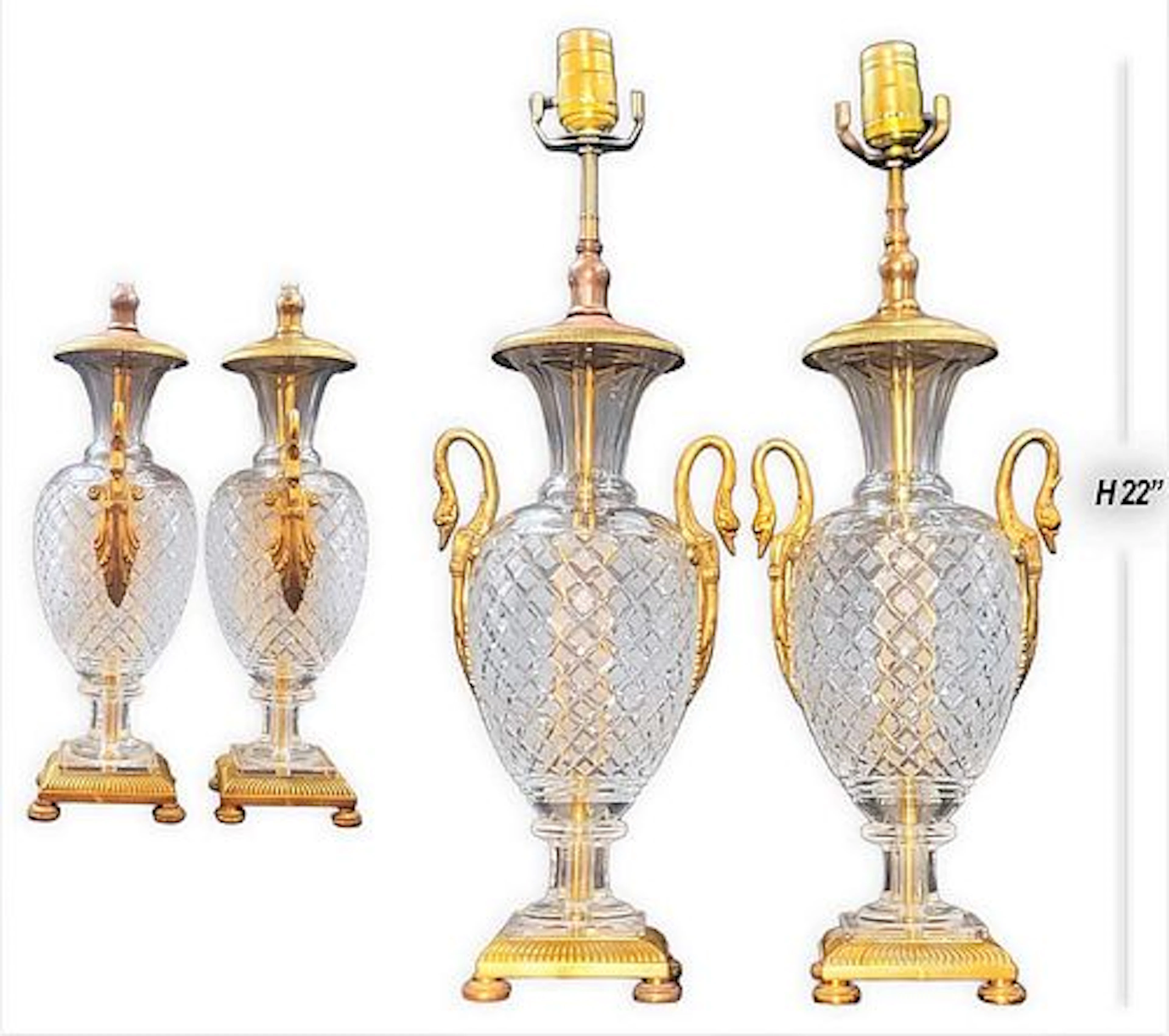 Pair Of 19th C. Abat-jour Baccarat Crystal Cut Mounted Figural Bronze Swan