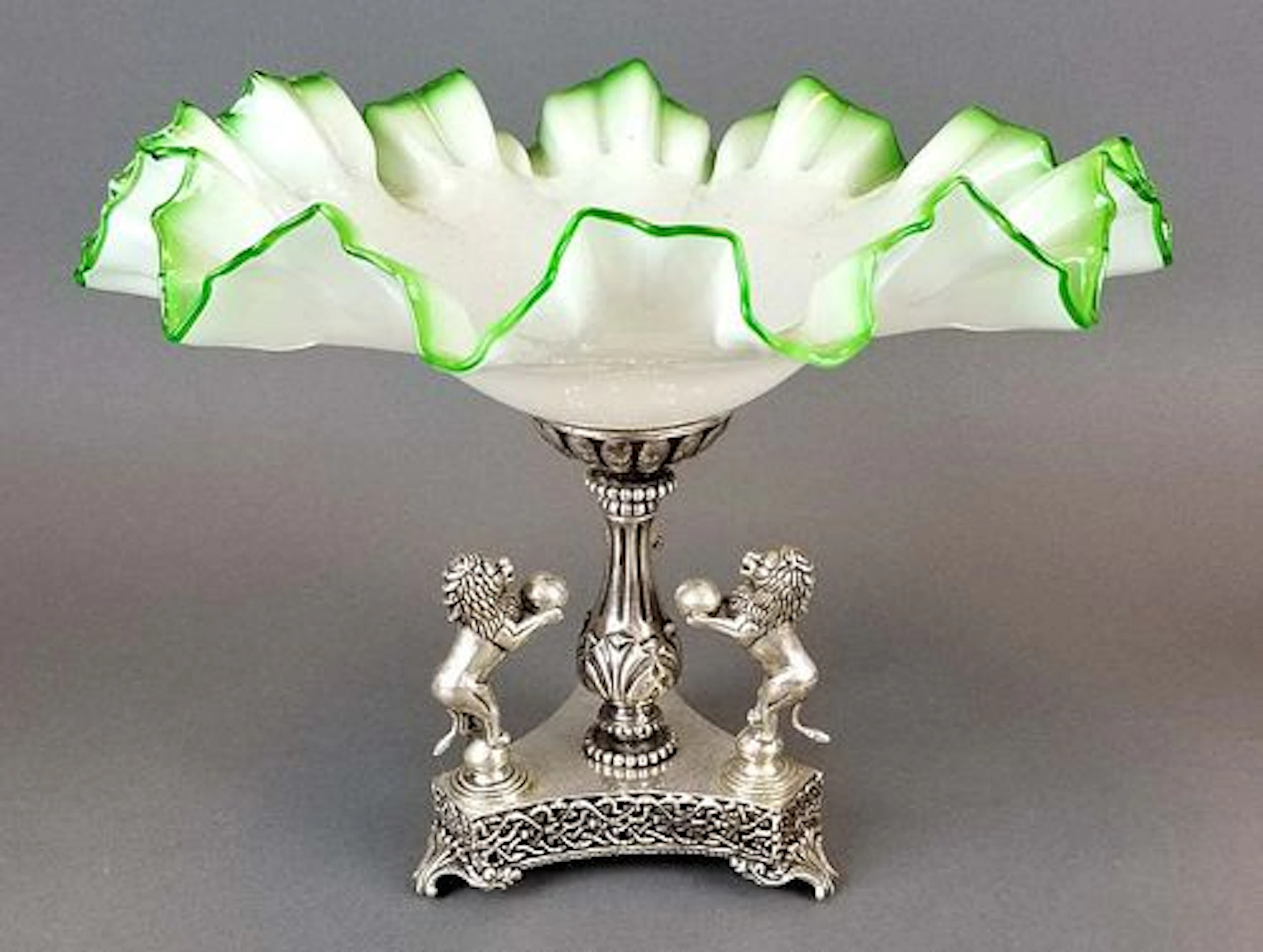 Green Opaline Glass and Silverplated Centerpiece
