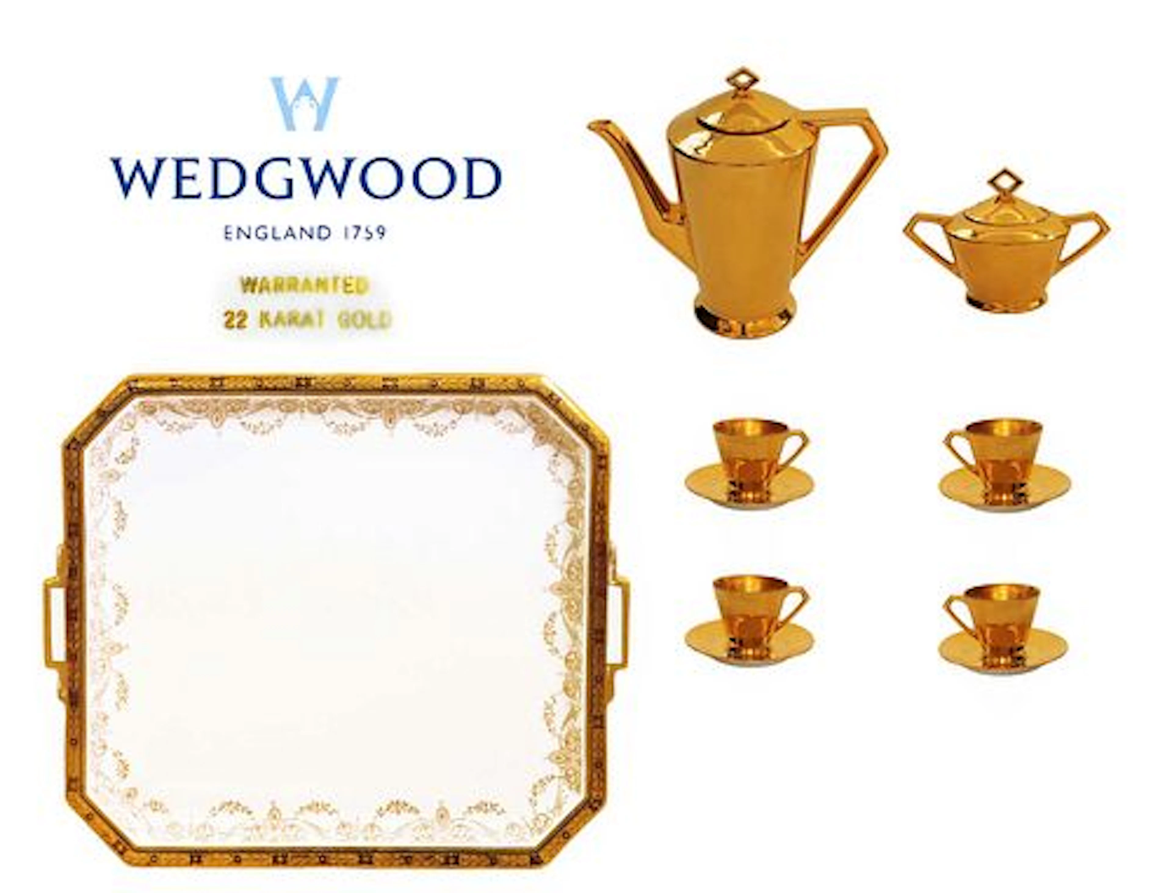 Wedgwood Mid C. Porcelain Tray Paired With 6Pcs 22K Gold Plated Coffee Set
