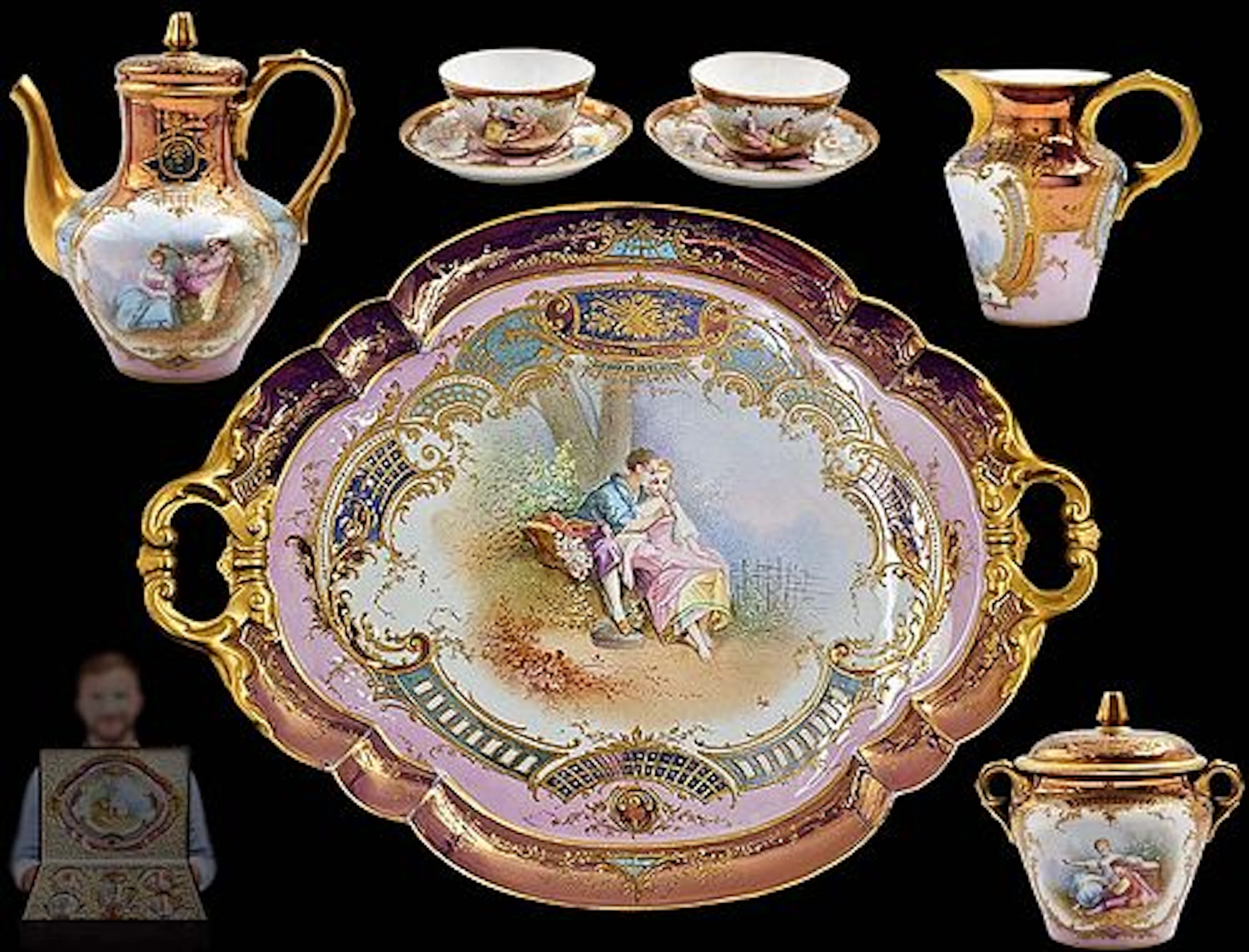 19th C. French Pink Sever Style Hand Painted Tea Set