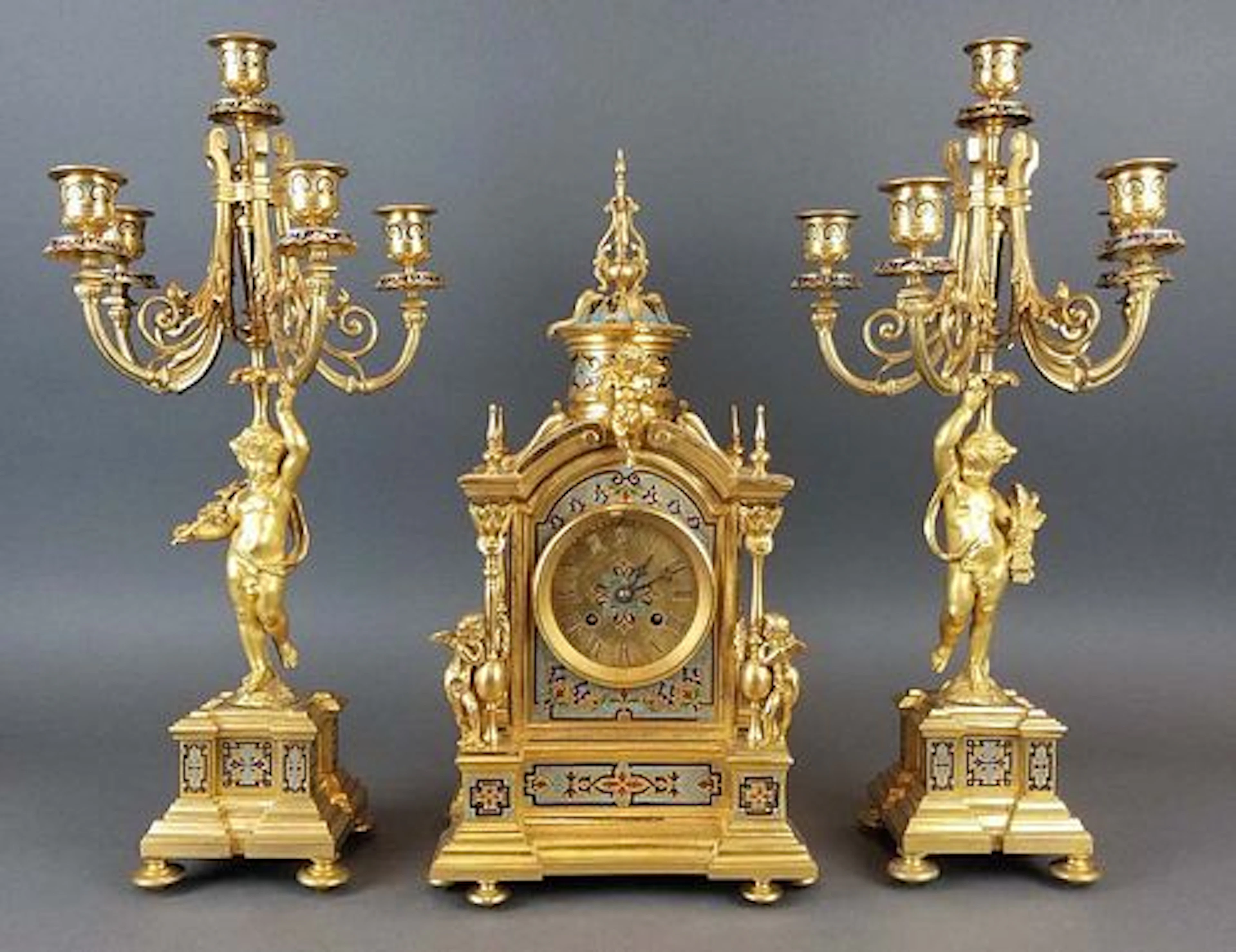 19th C. French Champleve Enamel Figural Clockset