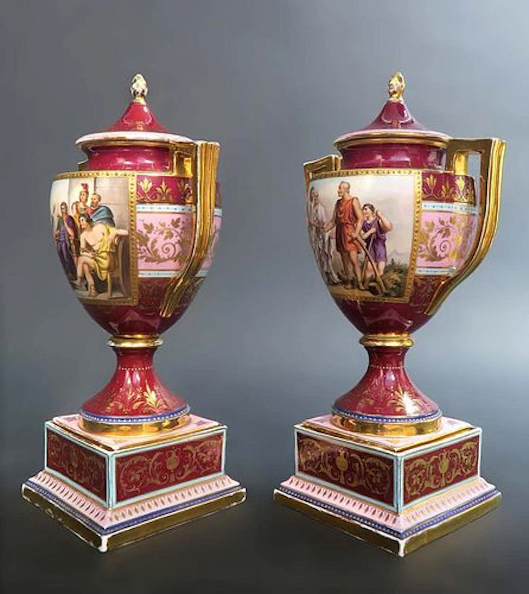 Pair of 19th C. Royal Vienna Lidded Vase/ Urn