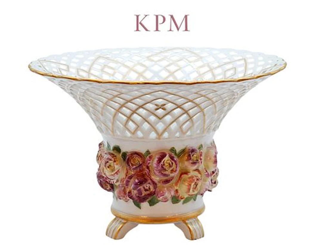 19th C. KPM Floral Porcelain Basket Pedestal Bowl