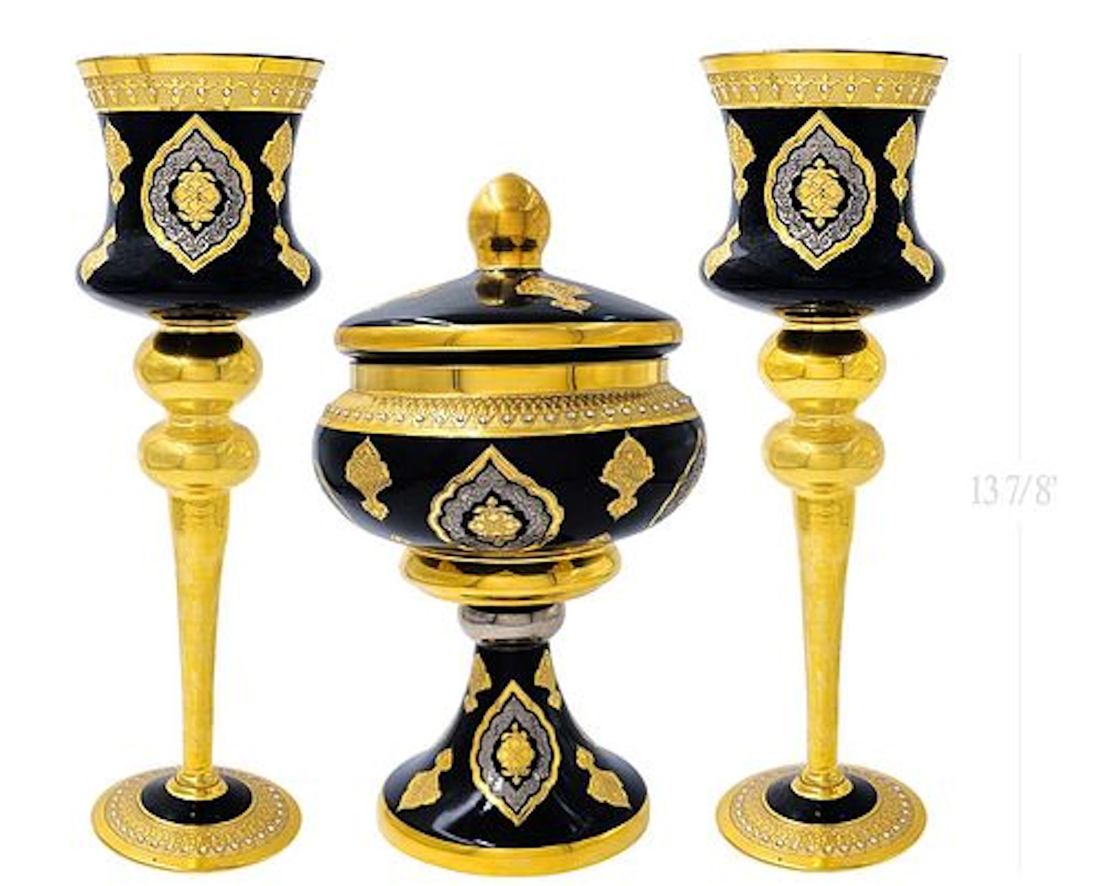 Enameled Black Cobalt Porcelain Gilded & Jeweled Centerpiece With Pair Of Vases