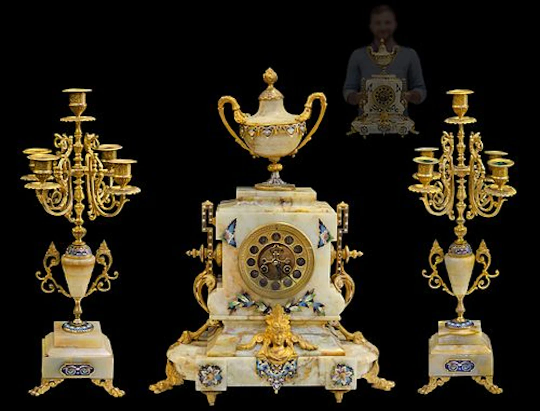 19th C. Large Barbedienne French Onyx Chmpleve Clock Set