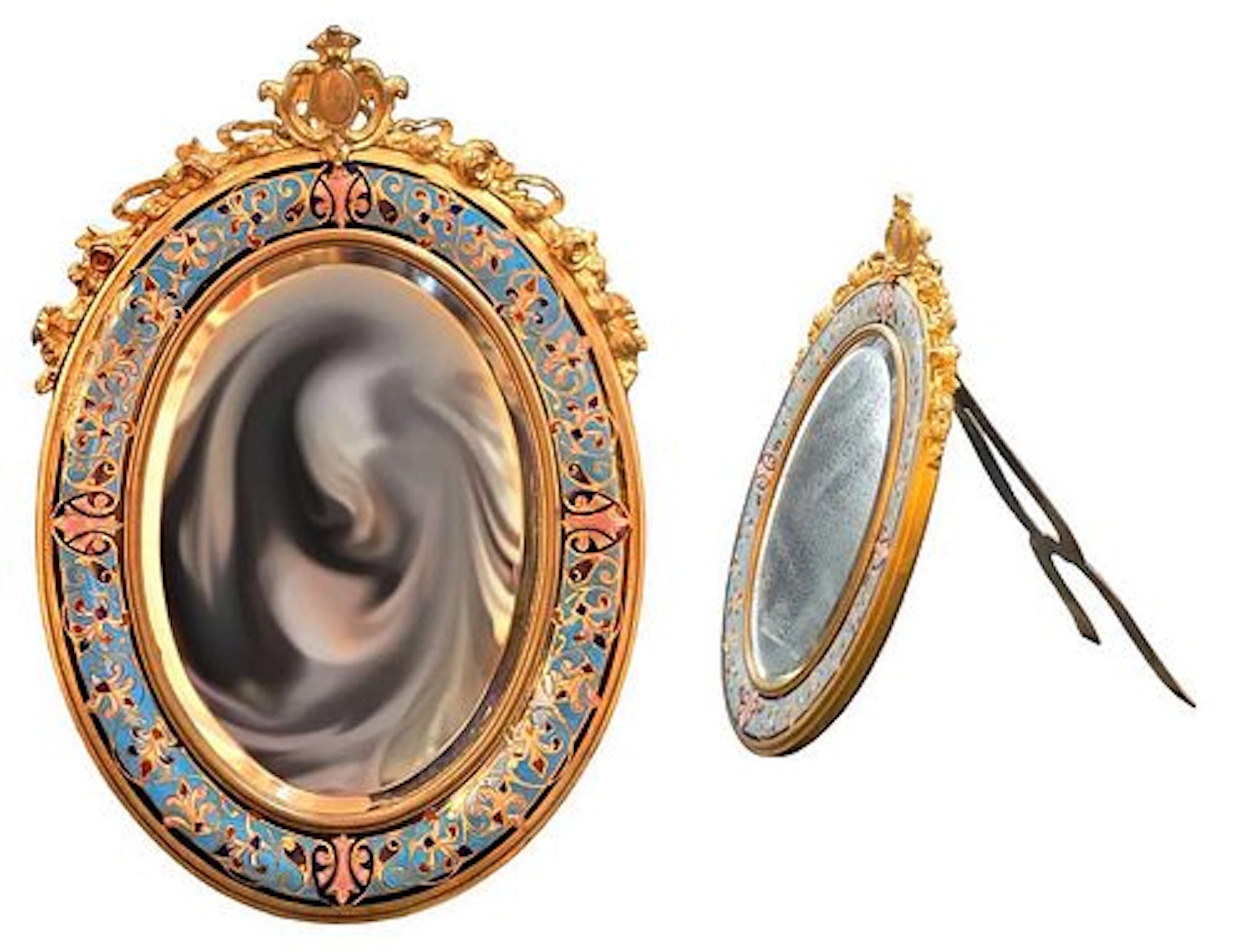 19th C. French Champleve Enamel Bronze Mirror
