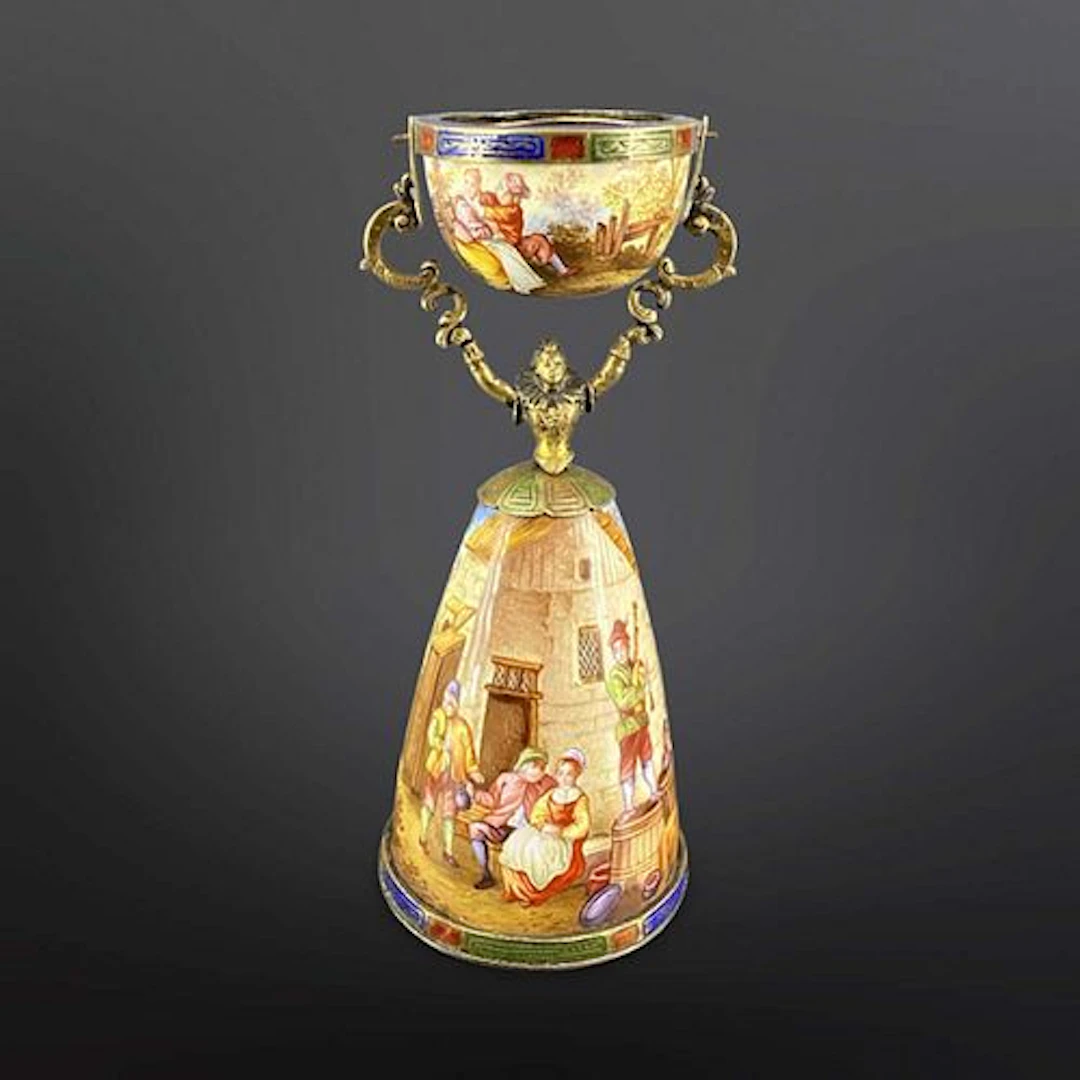19th C. Viennese Enamel on Figural Silver Miniature Swinging Centerpiece
