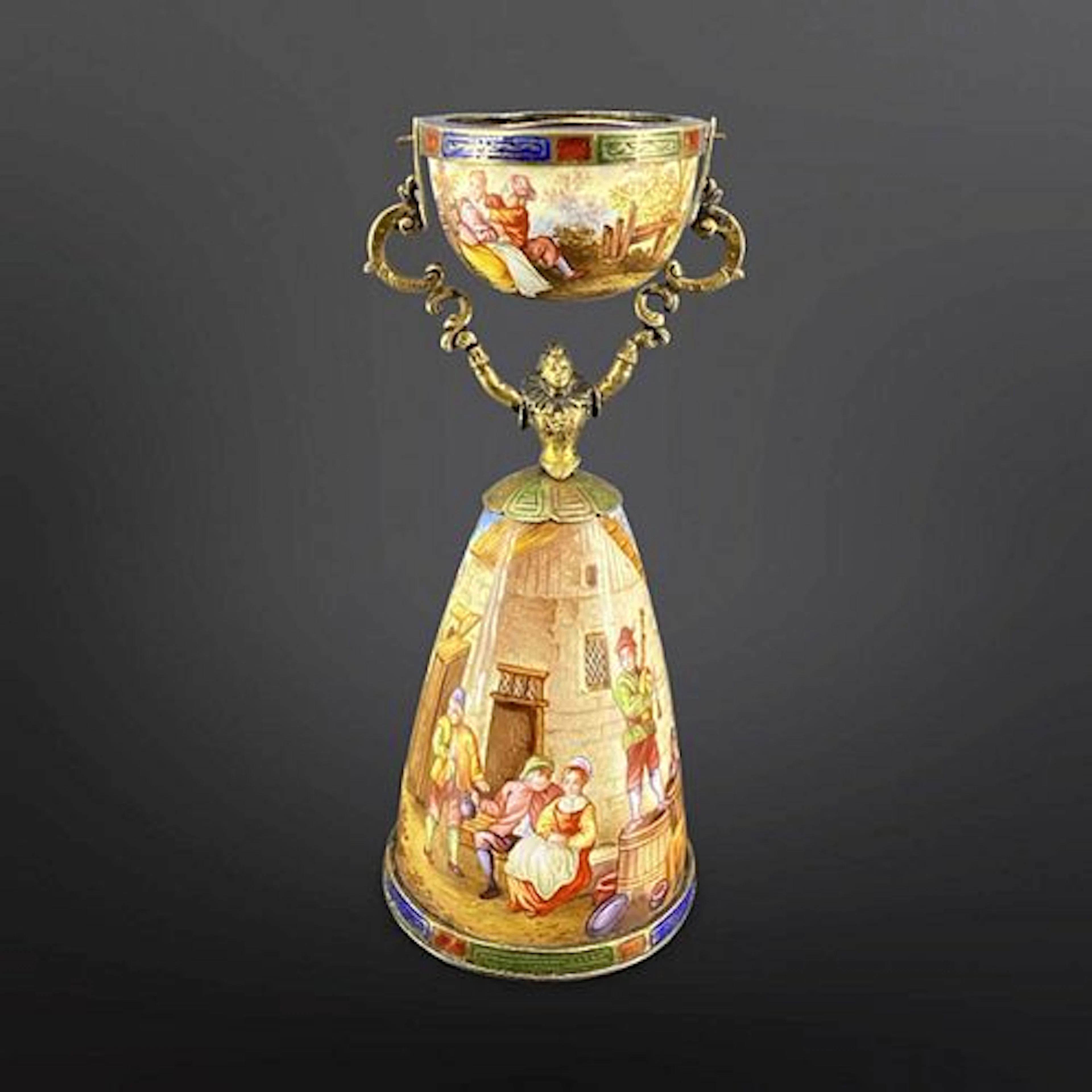 19th C. Viennese Enamel on Figural Silver Miniature Swinging Centerpiece