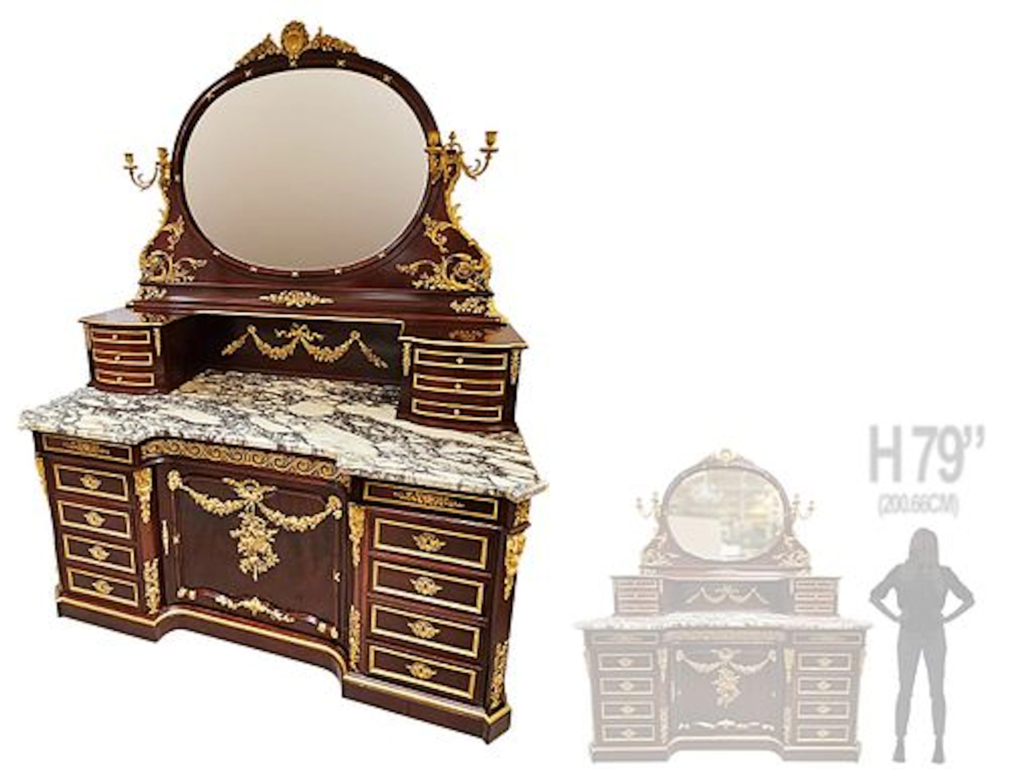 19th C. Monumental Louis XV Style Dressing Vanity Table, Signed By