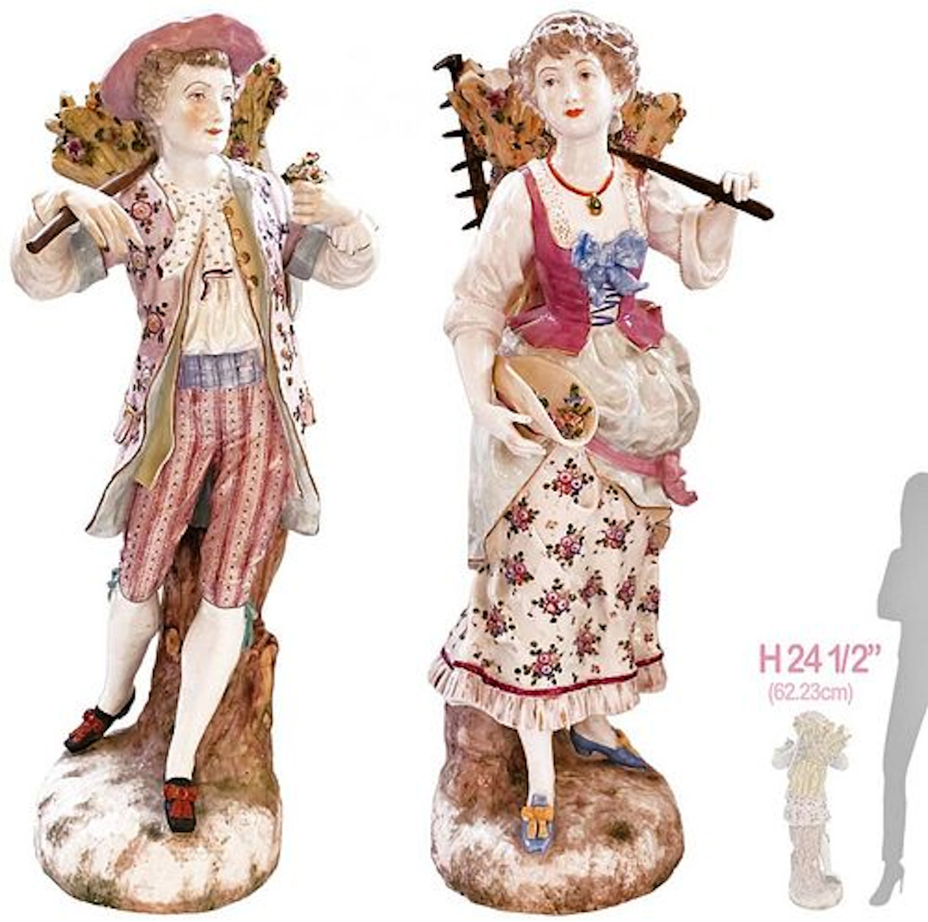 Pair Of 19th C. Very Large German Porcelain Meissen Style Statues