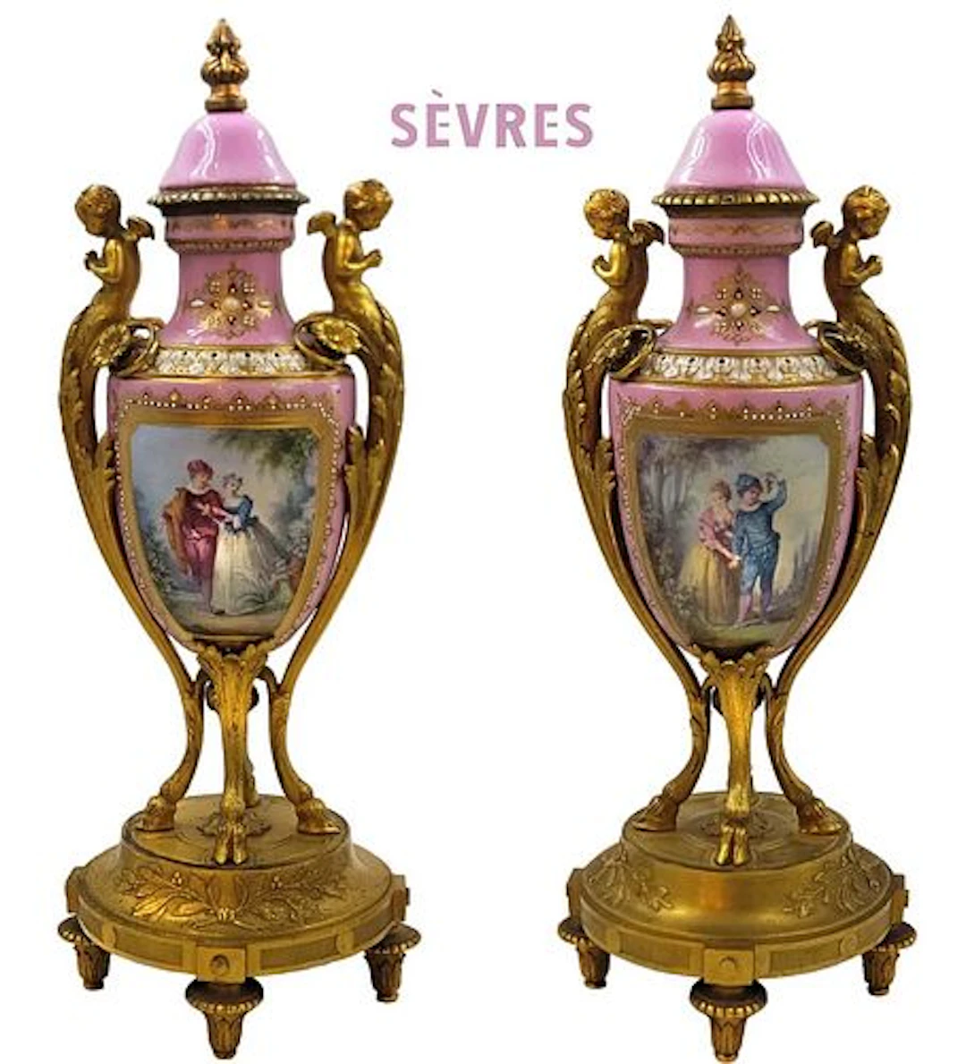 Pair Of 19th C. Figural Bronze Hand Painted Pink Sevres Urns