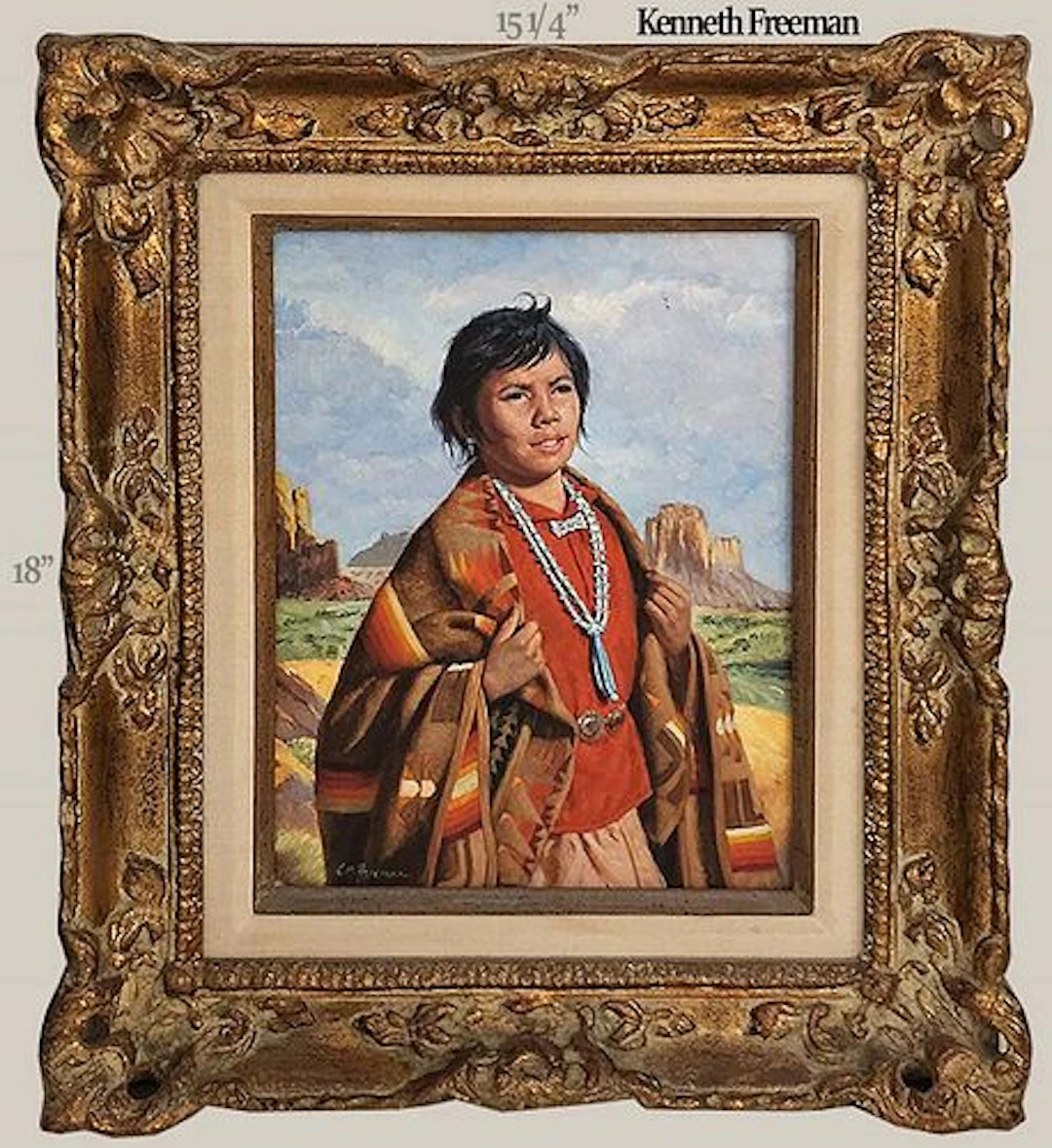 Portrait Of Native American, Navajo Oil On Board Painting Signed By Ken Freeman