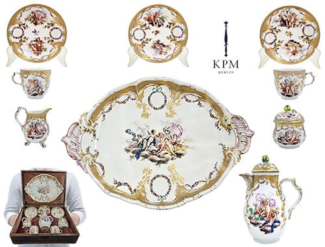Set Of Nine Pieces 18TH C. Hand Painted KPM Porcelain Tea Set With Original Box