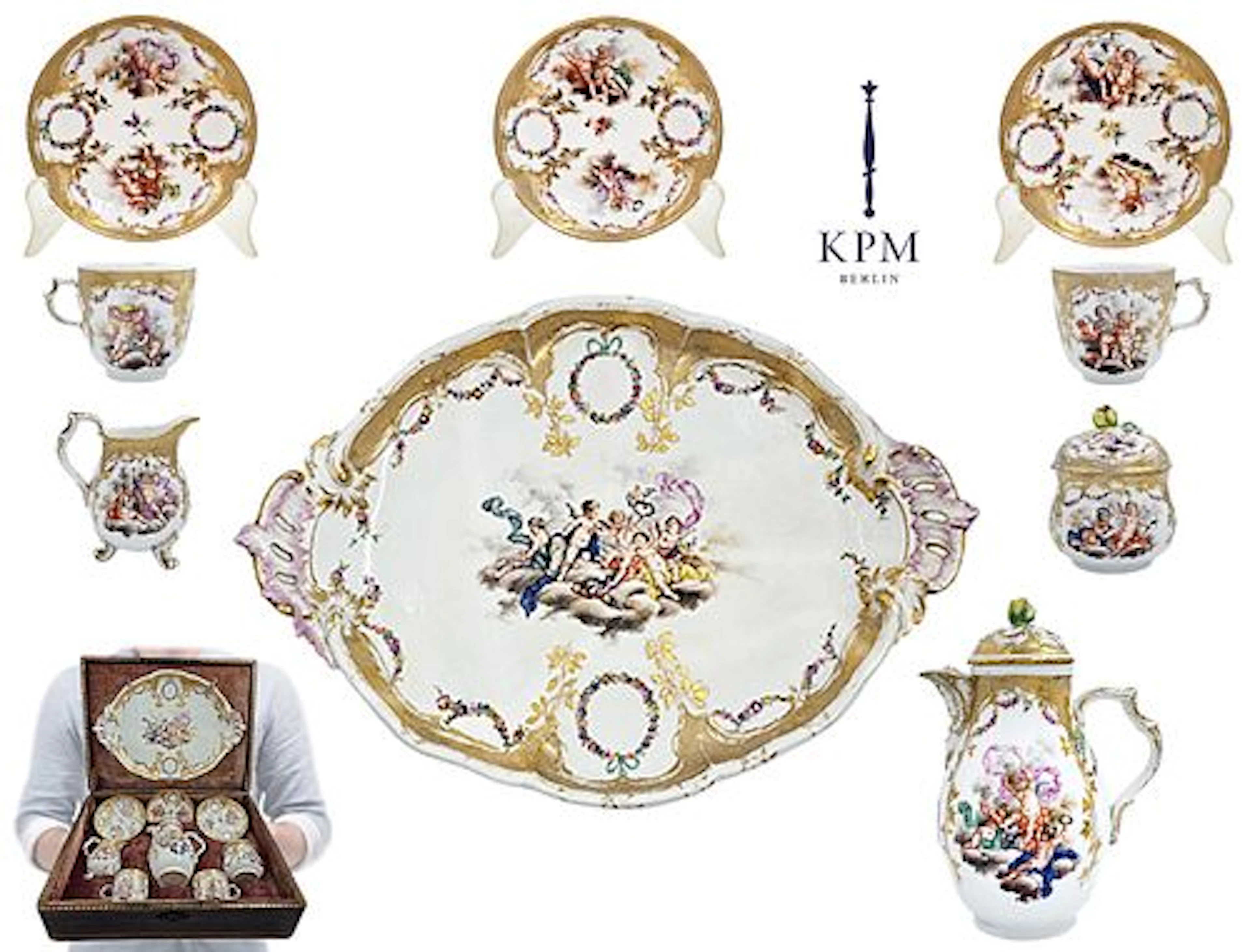 Set Of Nine Pieces 18TH C. Hand Painted KPM Porcelain Tea Set With Original Box