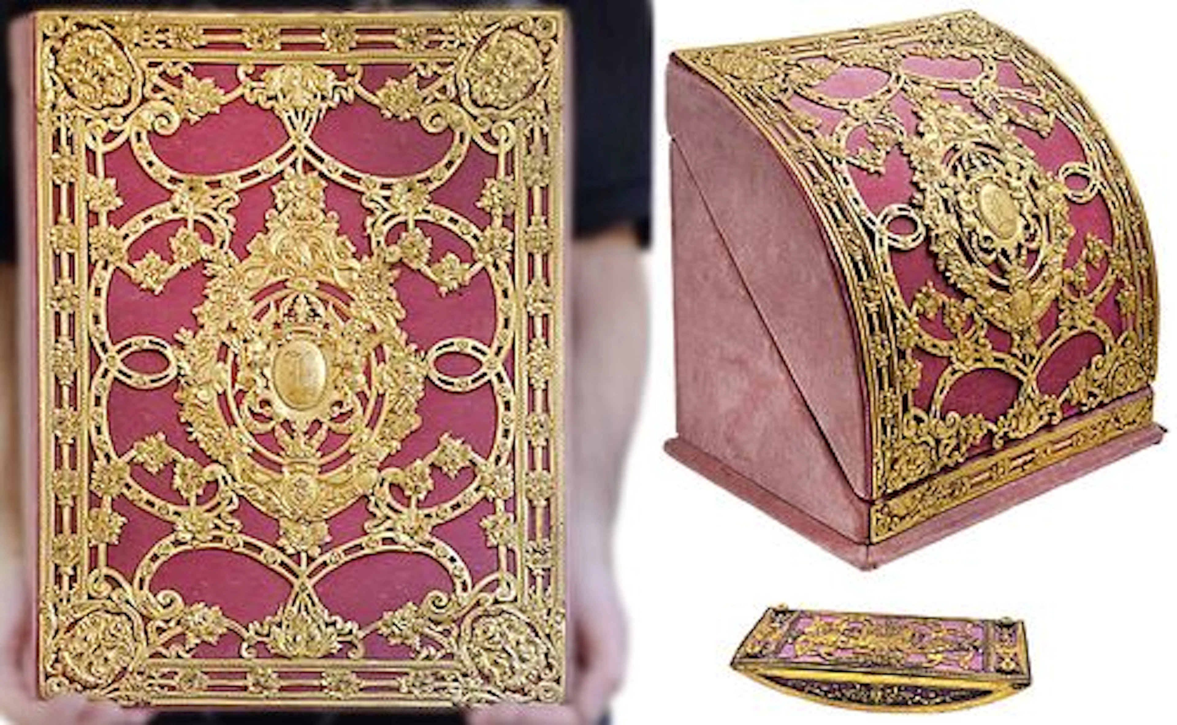 Gilt Bronze Ormolu Mounted Pink Velvet (3Pieces) Desk Accessories