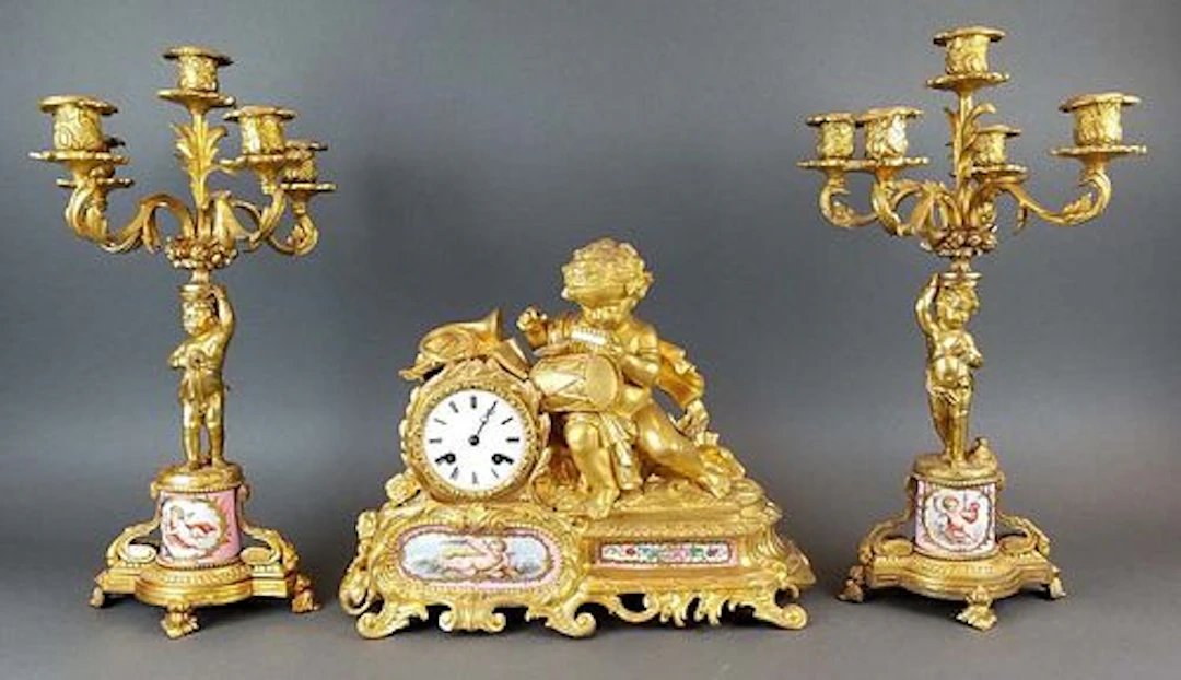 19th C. French Sevres & Figural Bronze Clockset
