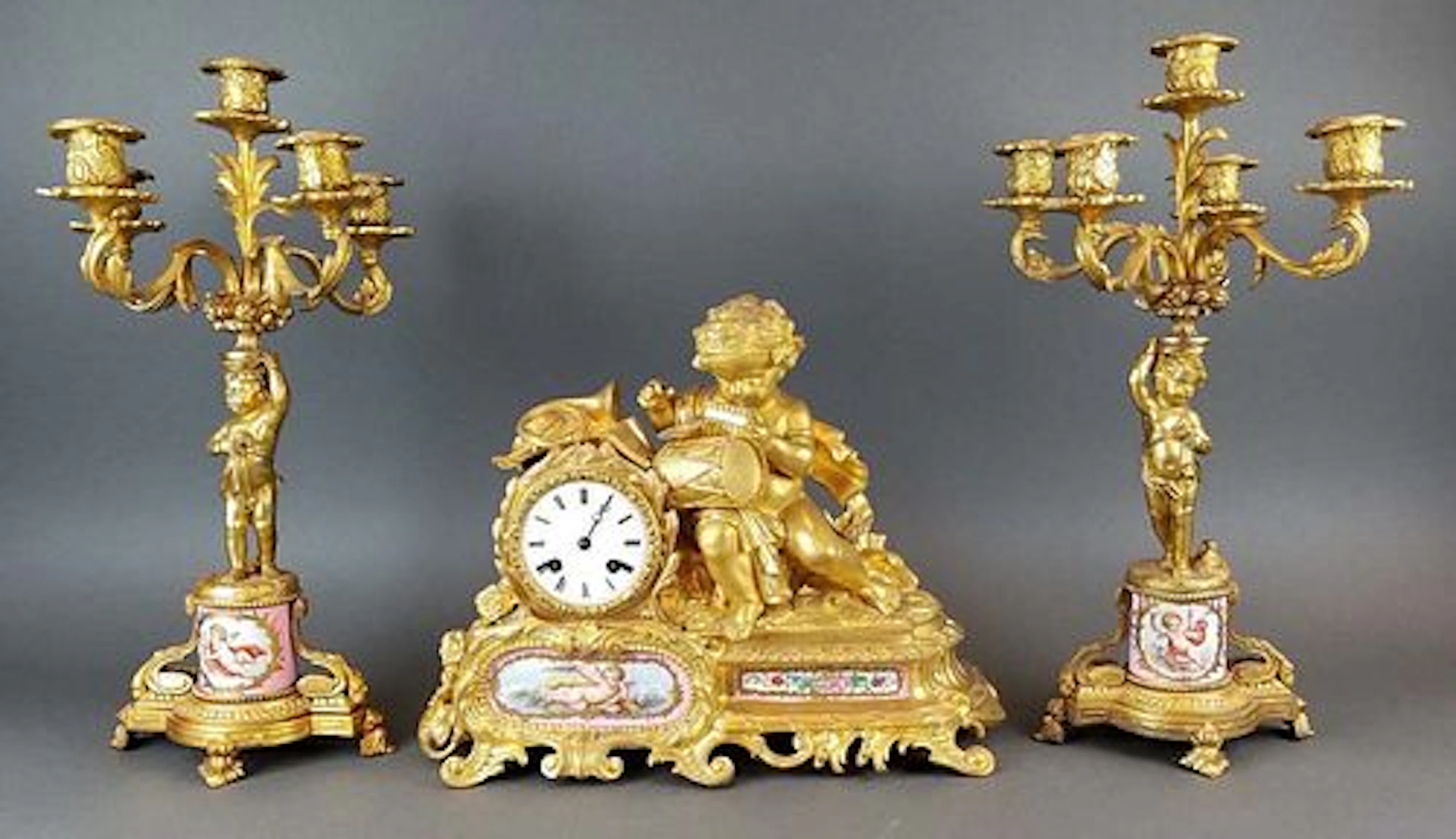 19th C. French Sevres & Figural Bronze Clockset
