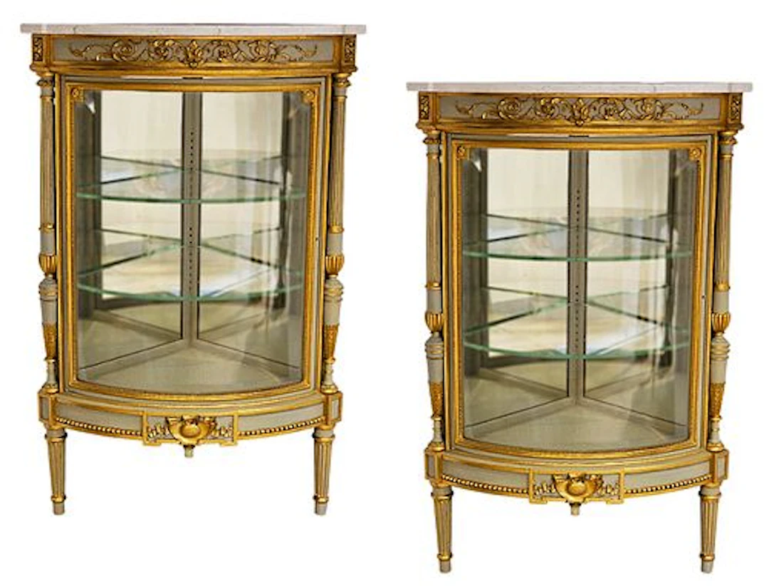 Pair Of 19th C. French Louis XV Style Corner Vitrines / Cabinets