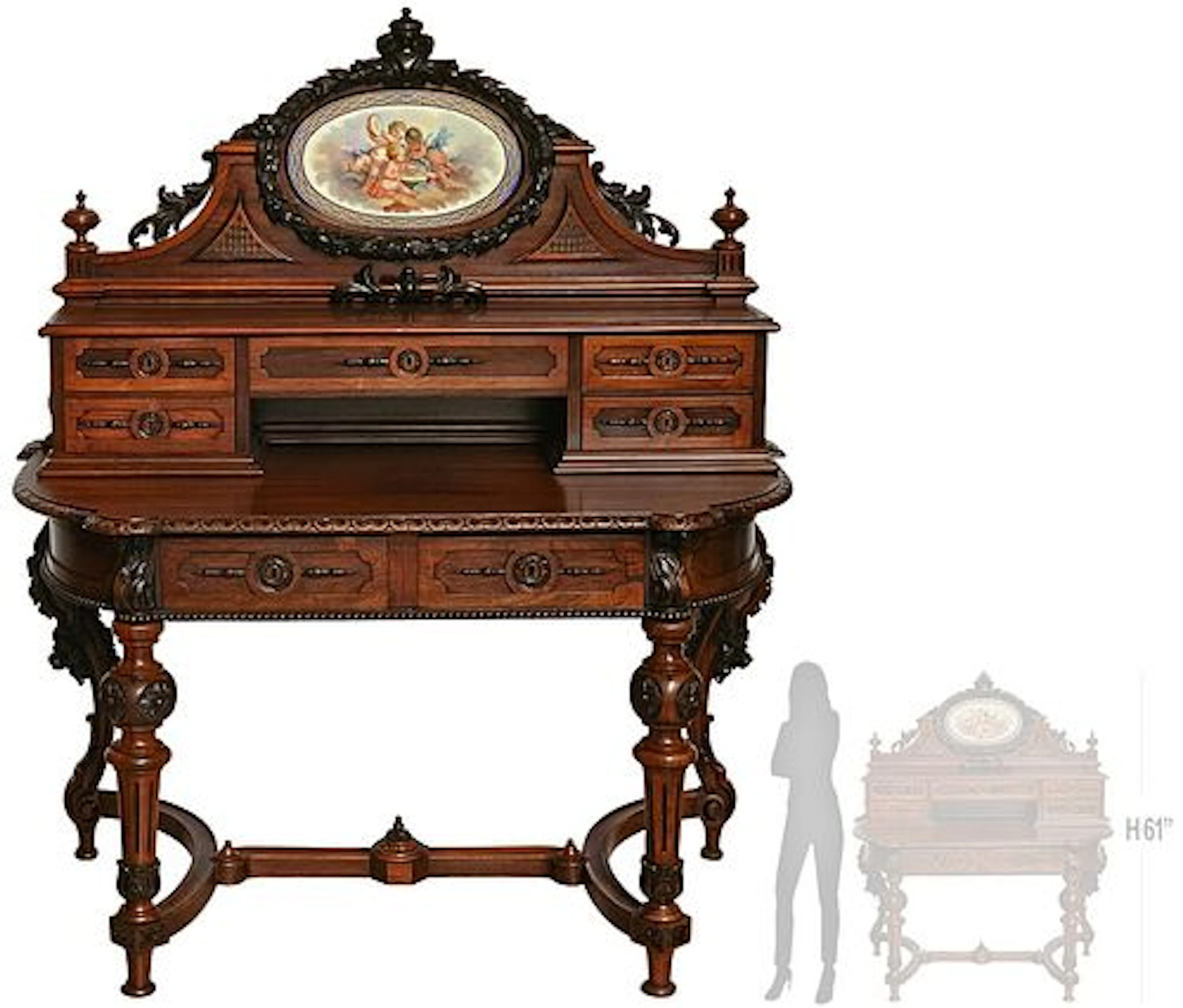 19th C. French Renaissance Style, Sevres Plaque Mounted Wood Carved Desk