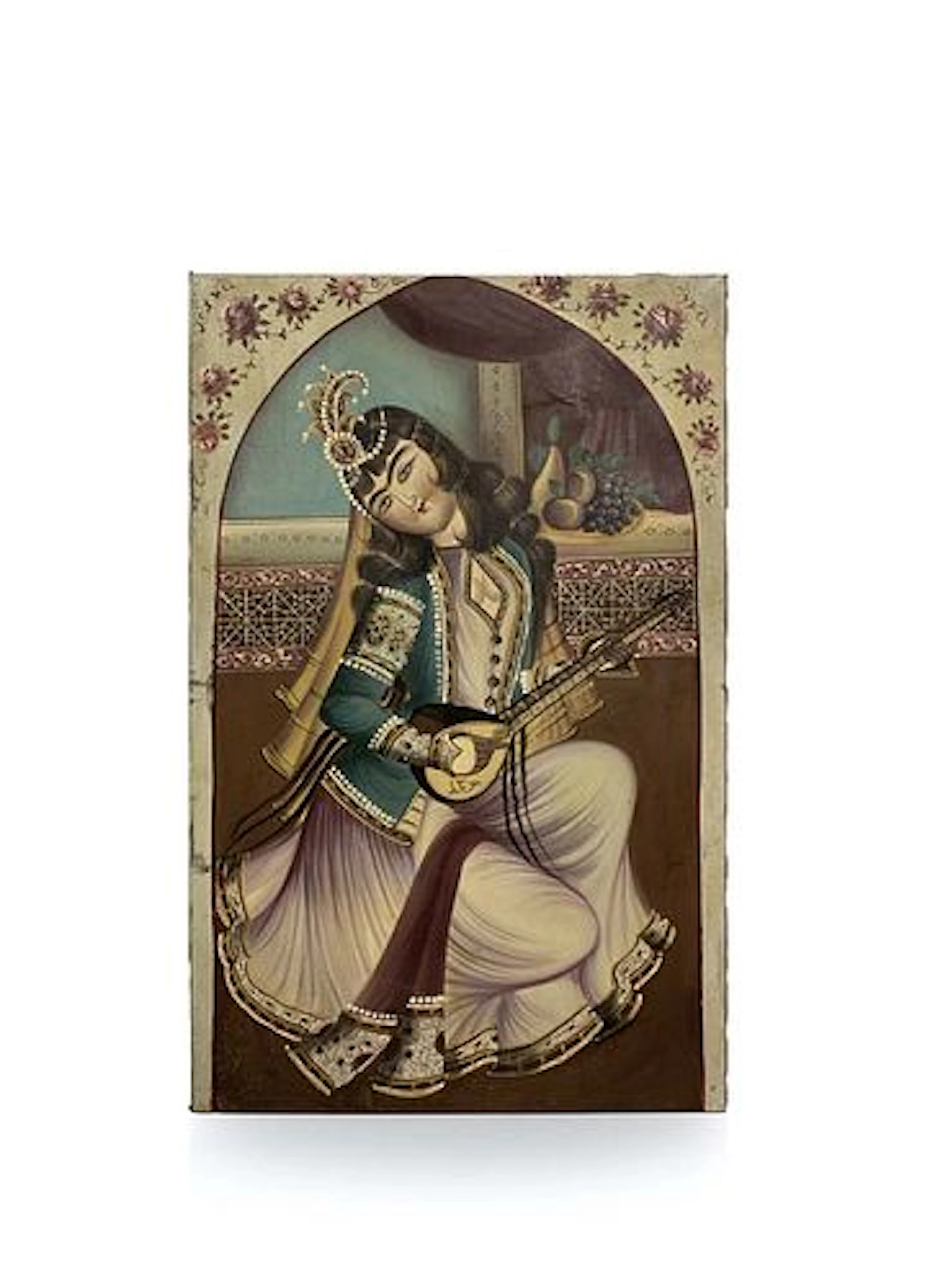 Large 19th C. Persian Qajar Oil On Canvas Painting Of A Woman Playing