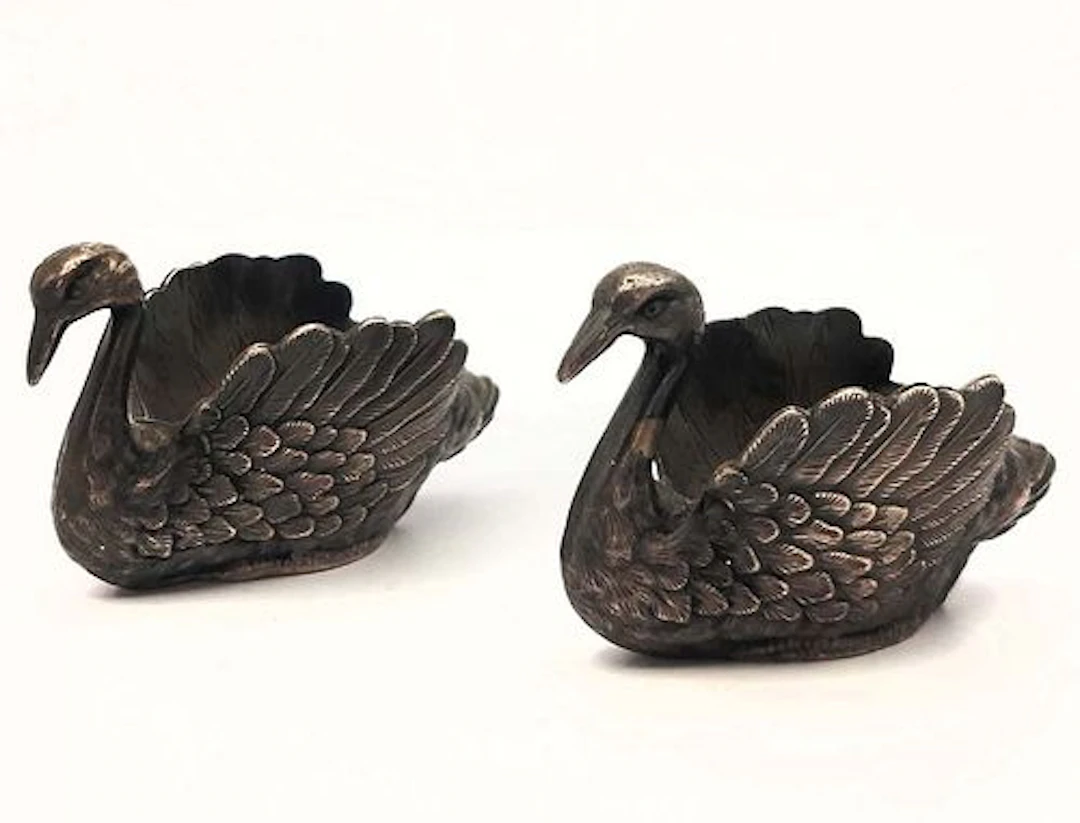 Pair Of Chinese Sterling Silver open salt dish Swans