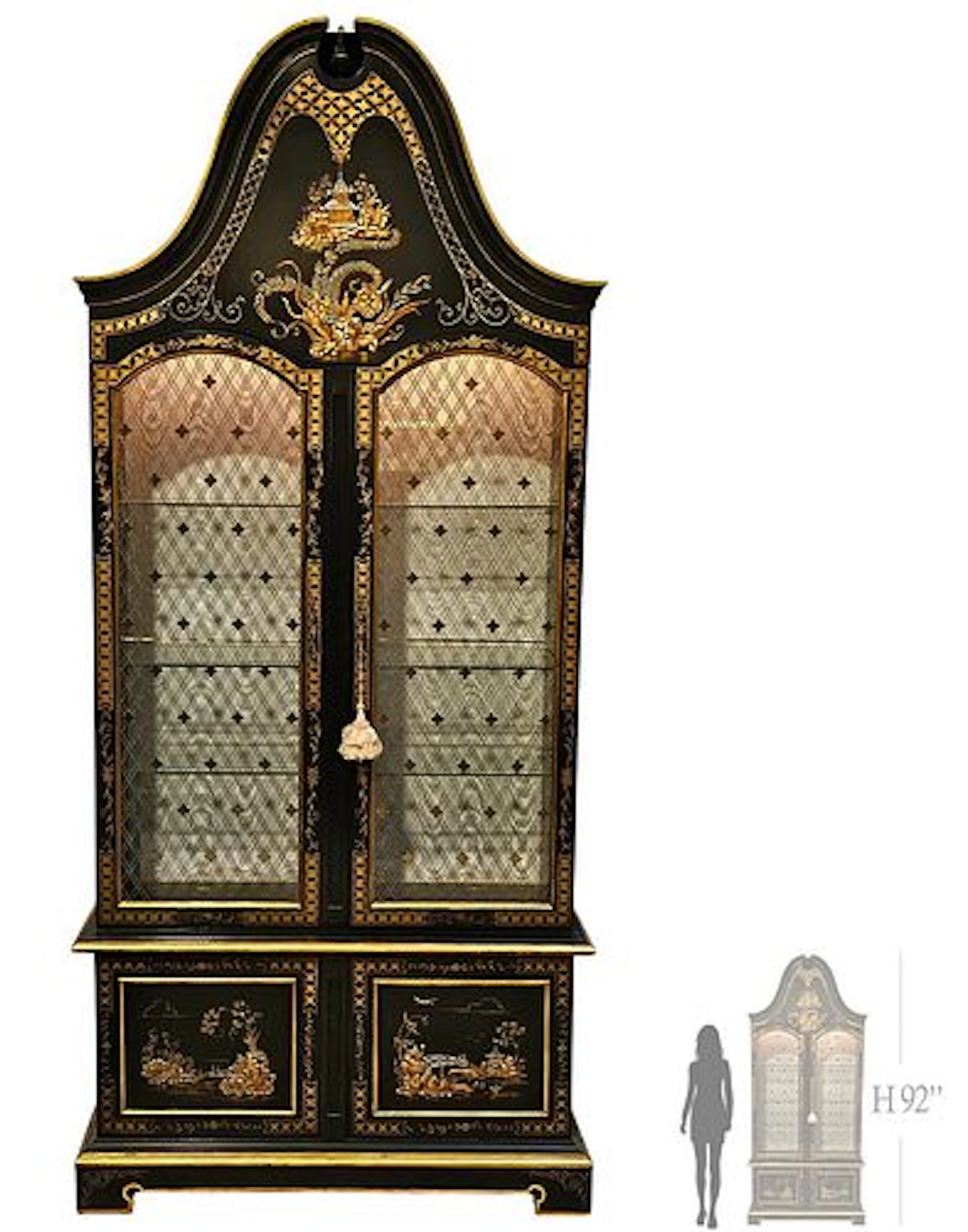 Very Large Chinoiserie Hand Painted & Black Lacquer / Giltwood Vitrine Cabinet