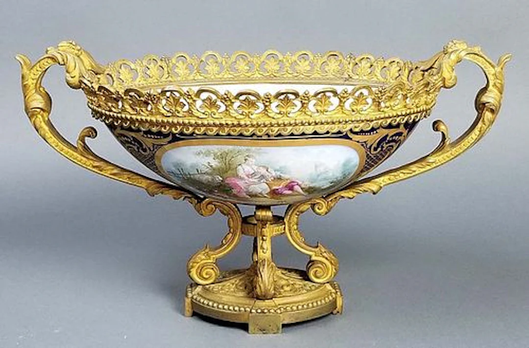 19th C. Serves Bronze and Porcelain Bowl, Signed
