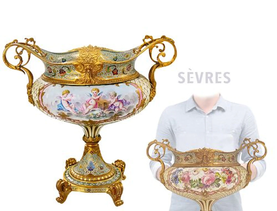 19th C. Gilt Bronze Sevres Porcelain & Champleve Enamel Centerpiece