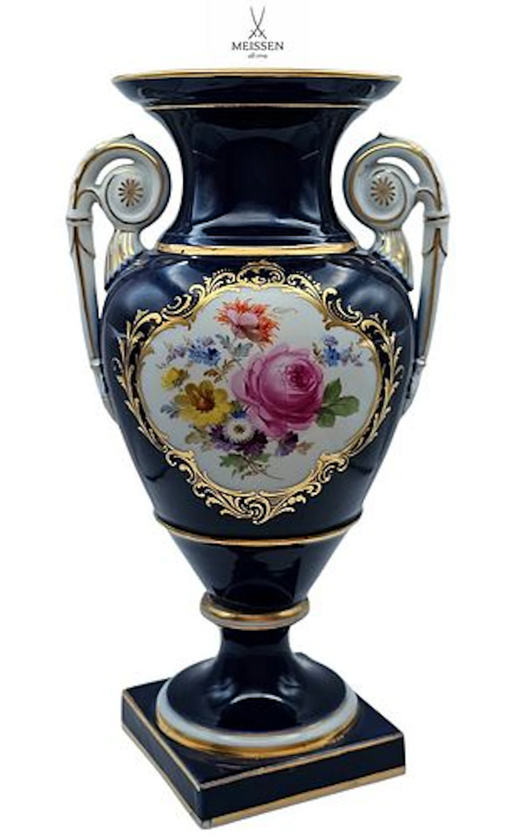 19th C. Meissen Cobalt Blue Hand Painted Floral Urn