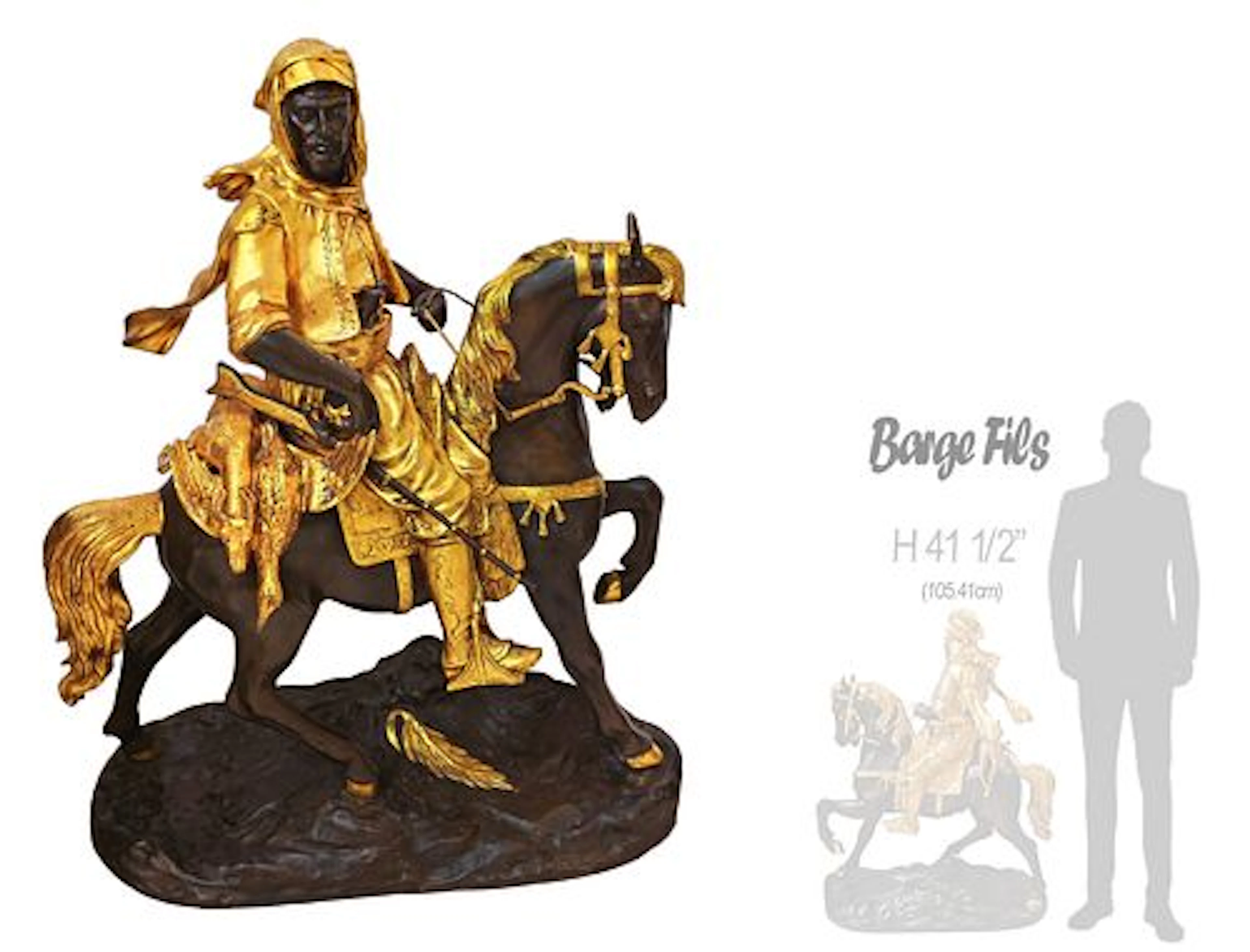 Monumental French, Bronze Horseman Hunter Sculpture Signed, Barge Fils