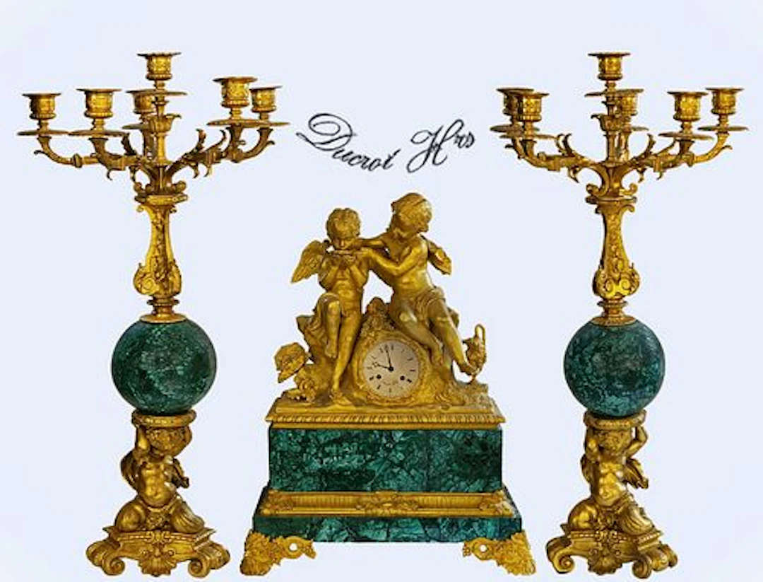 19th C. French Figural Bronze On Malachite Clock Set, Signed