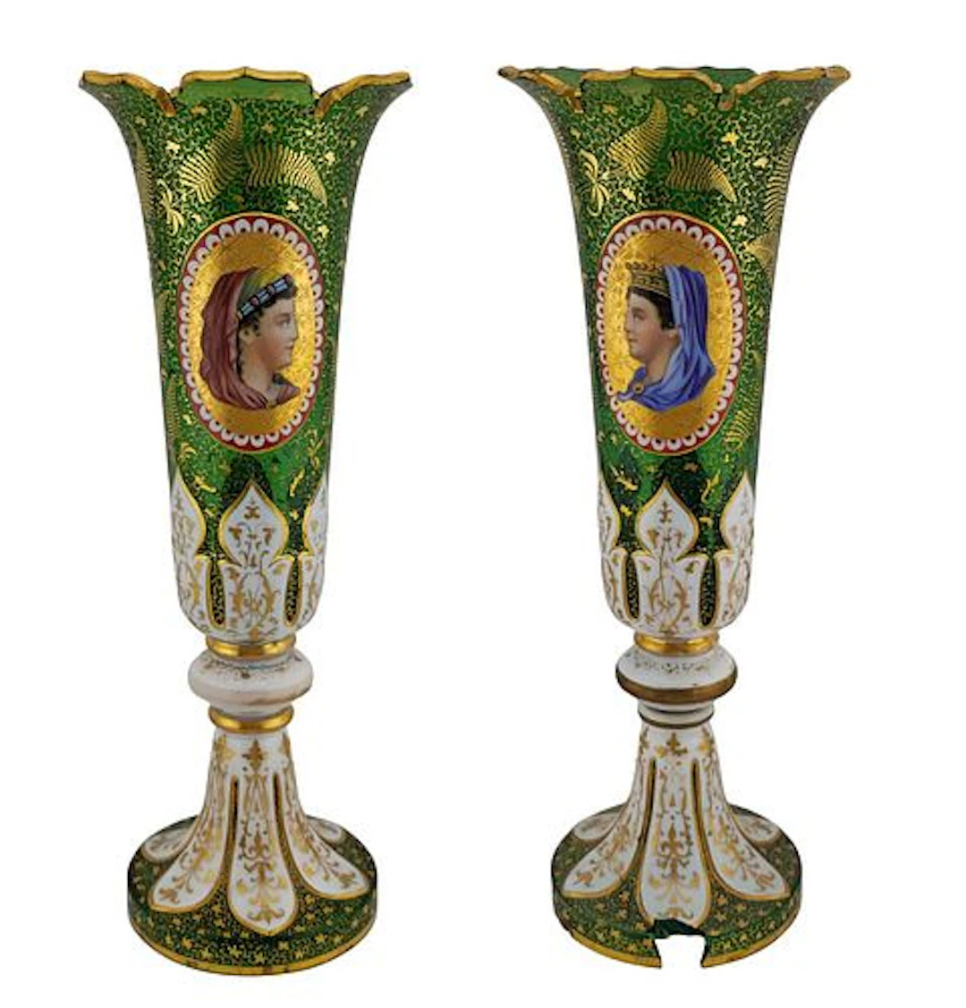 Pair Of Antique Moser Glass Vases