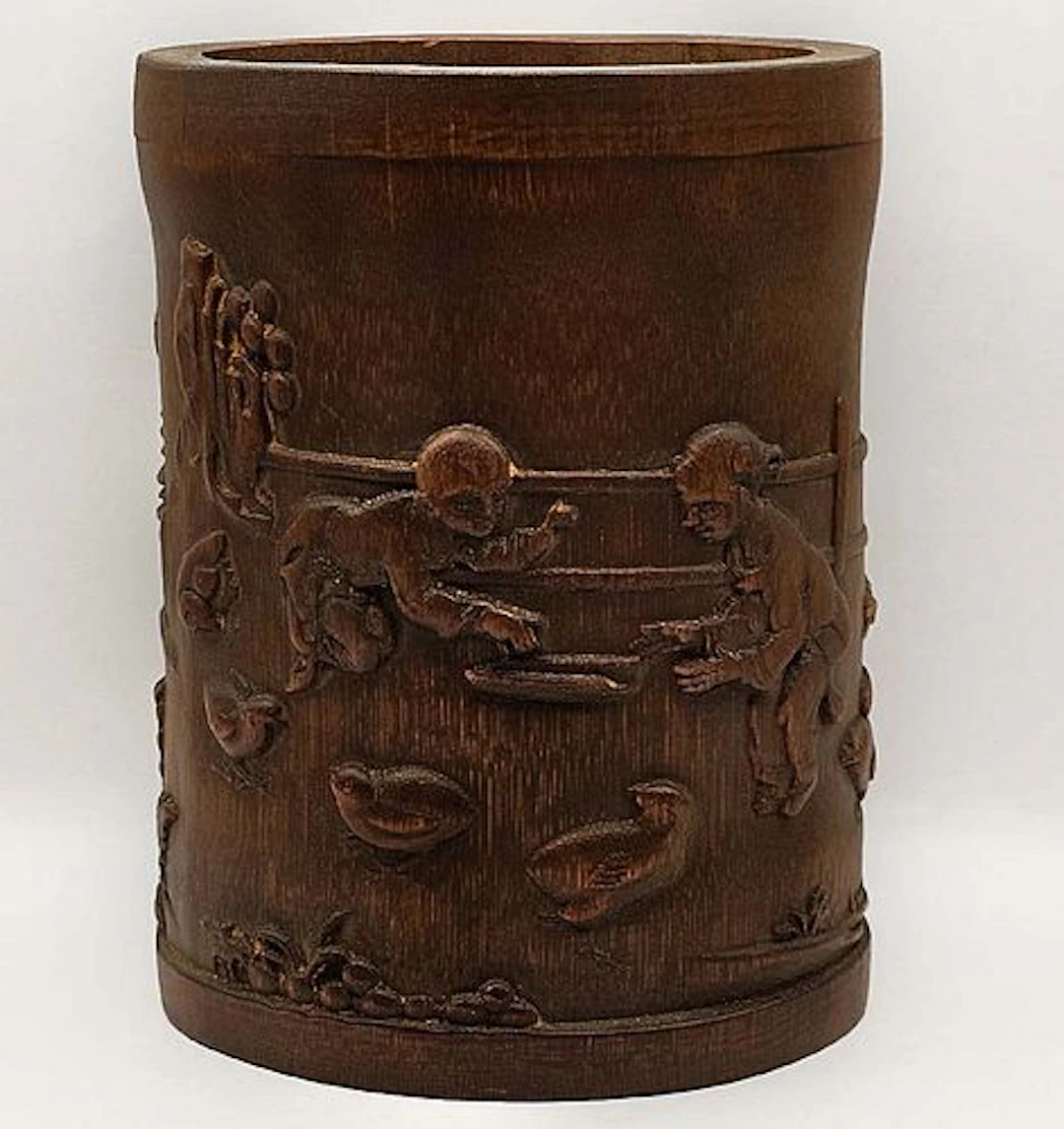 Antique Chinese Figural And Nature Bamboo Brush Pot Holder