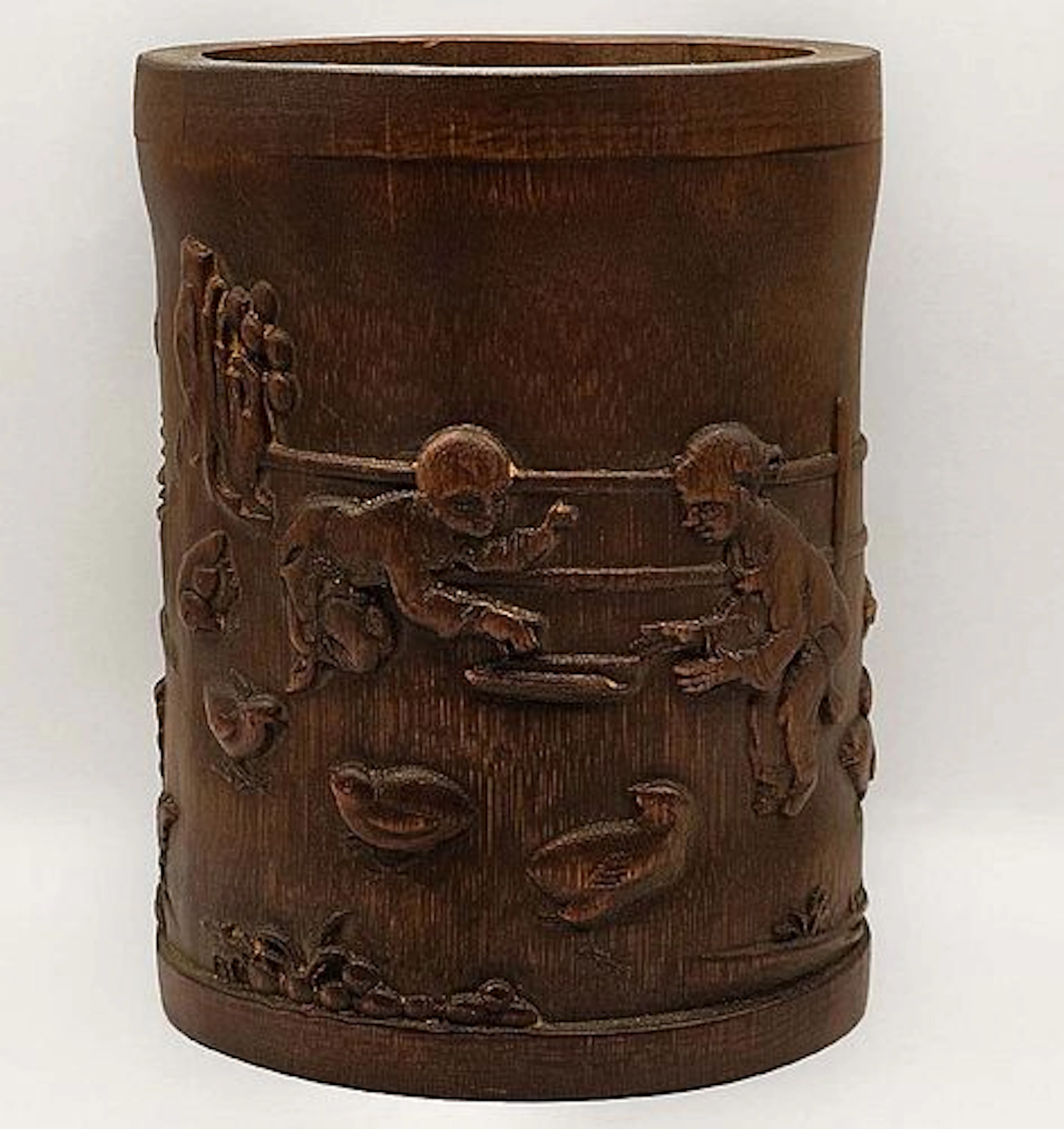 Antique Chinese Figural And Nature Bamboo Brush Pot Holder