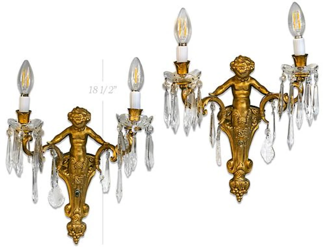 Pair Of Early 20th C. Mounted Crystal On Figural Sconces