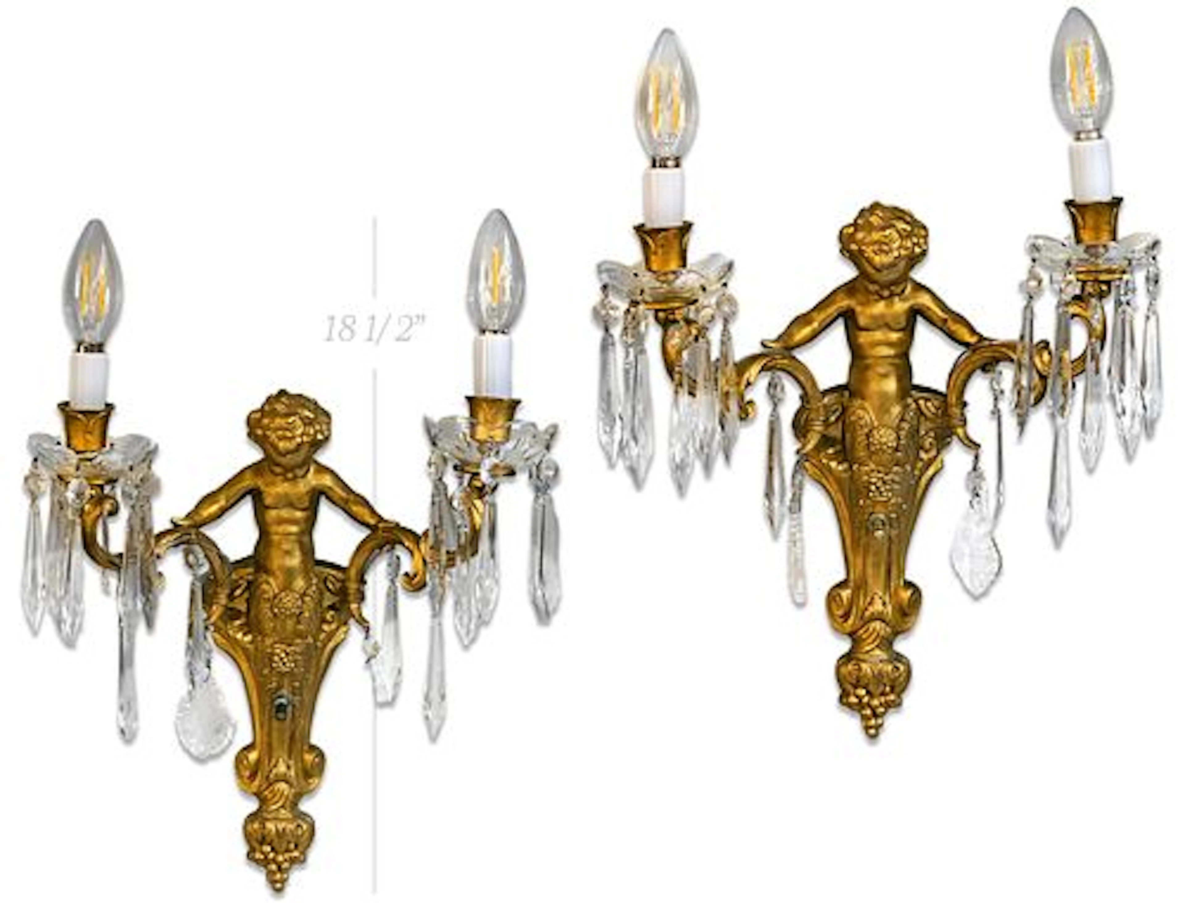 Pair Of Early 20th C. Mounted Crystal On Figural Sconces