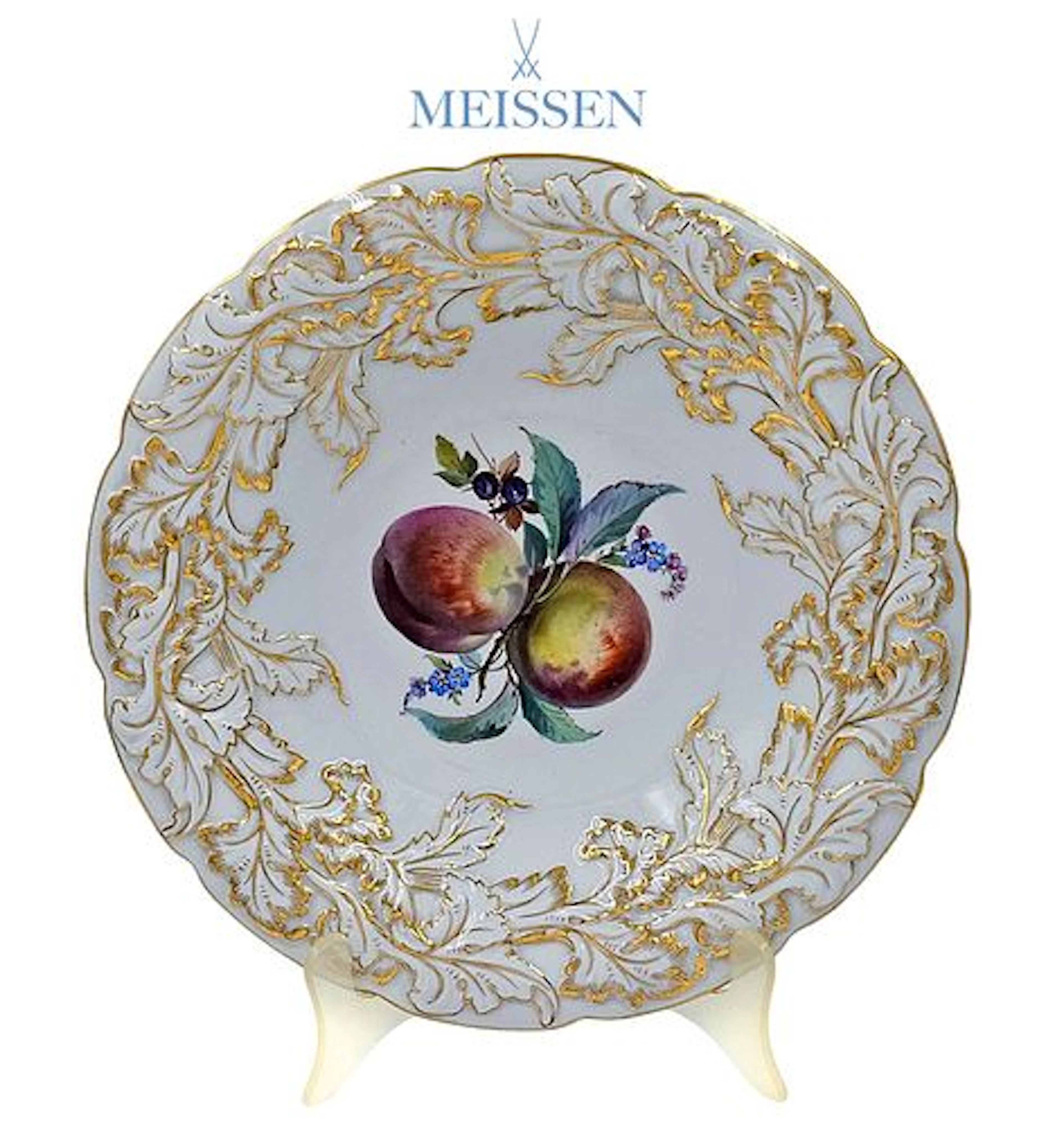 19th C. Meissen German Porcelain Gold Leaves & Peaches Decorative Plate