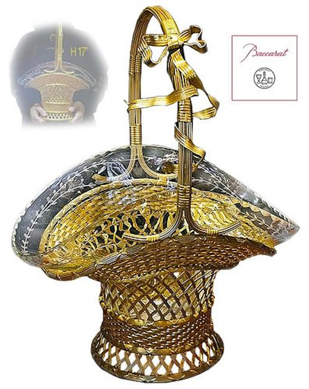 19th C. Bronze Papillon Handle Baccarat Crystal Centerpiece Basket
