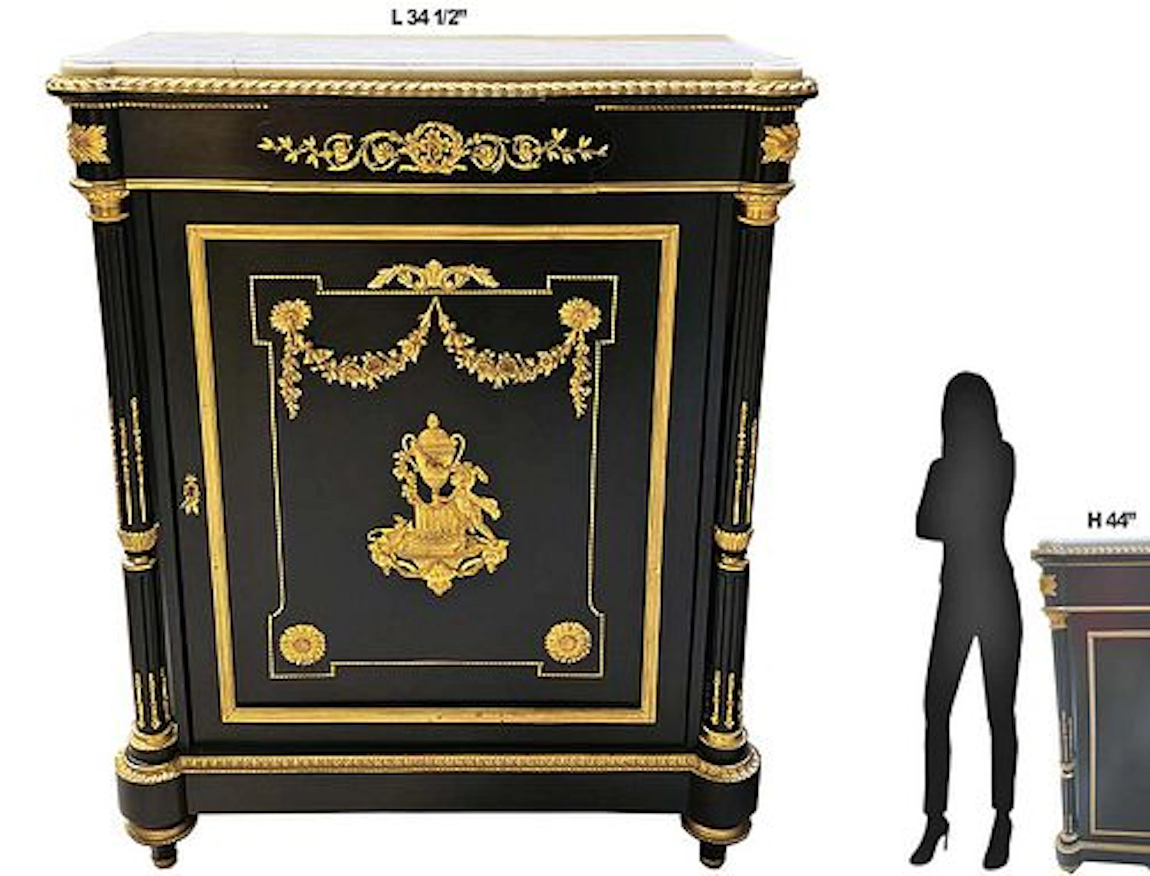 19th C. Ebony Cabinet Bronze Mounted With Marble Top