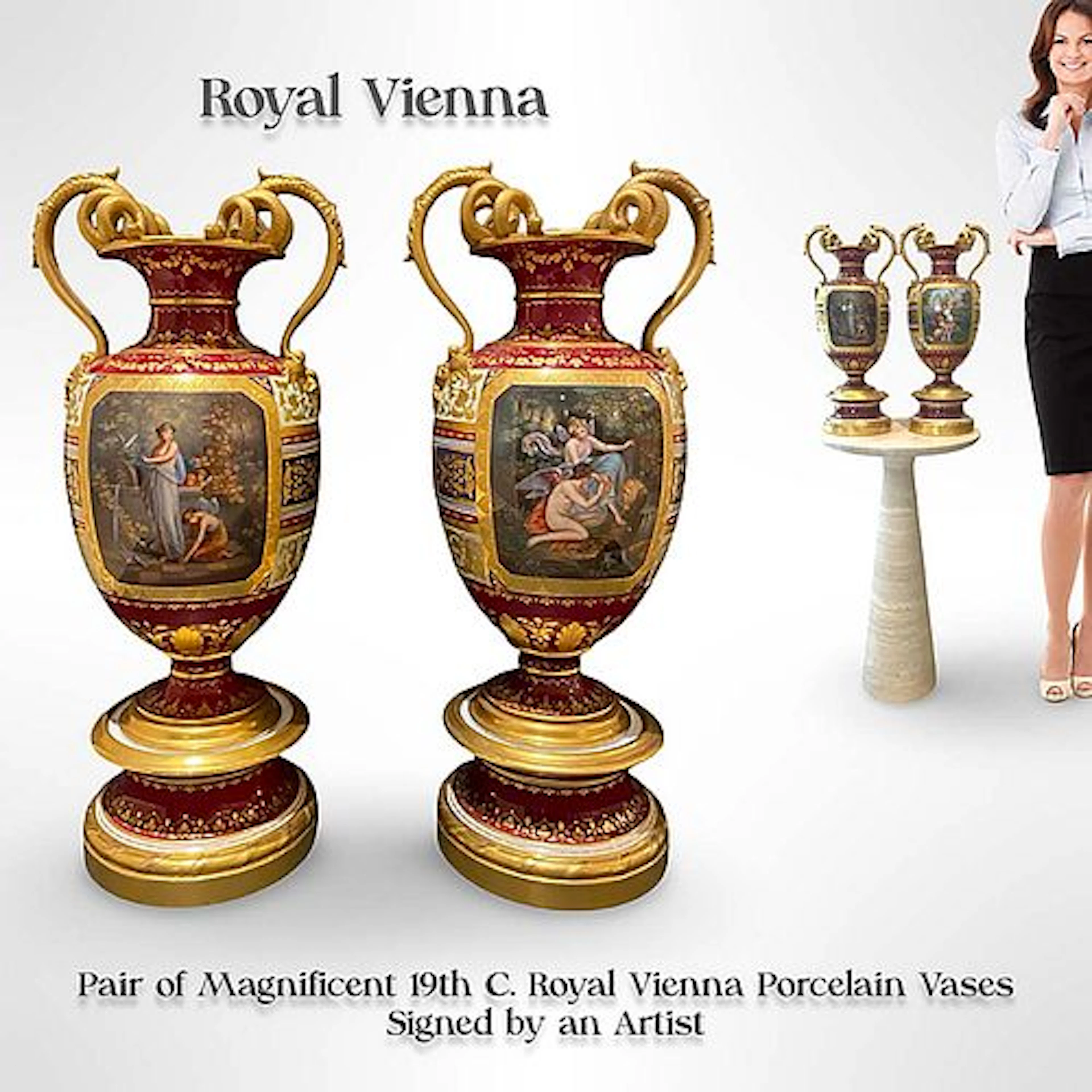 A Pair of Magnificent 19th C. Royal Vienna Hand Painted Vases, Signed