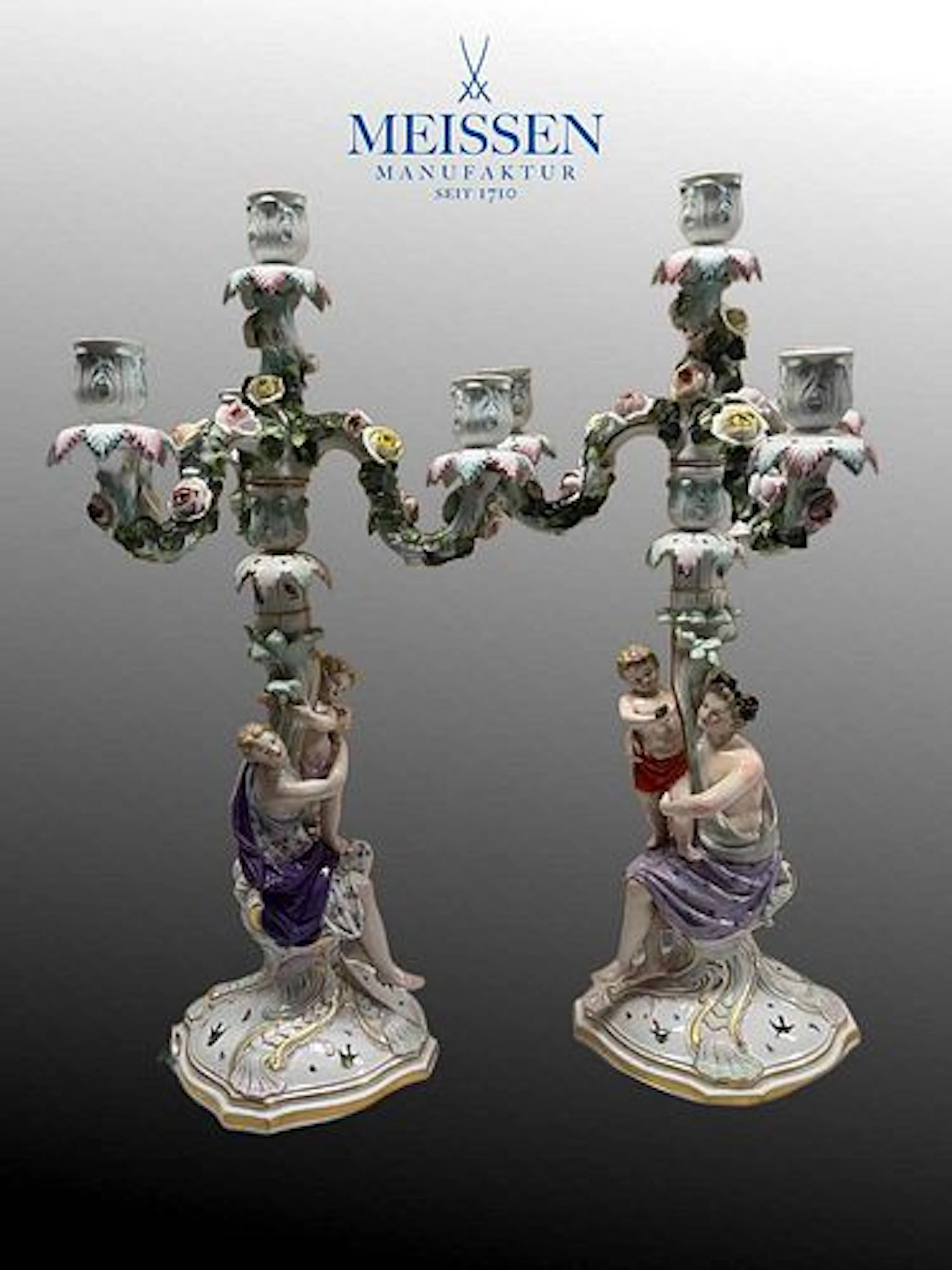 A Pair of German Meissen Hand Painted Porcelain Candelabras, Hallmarked