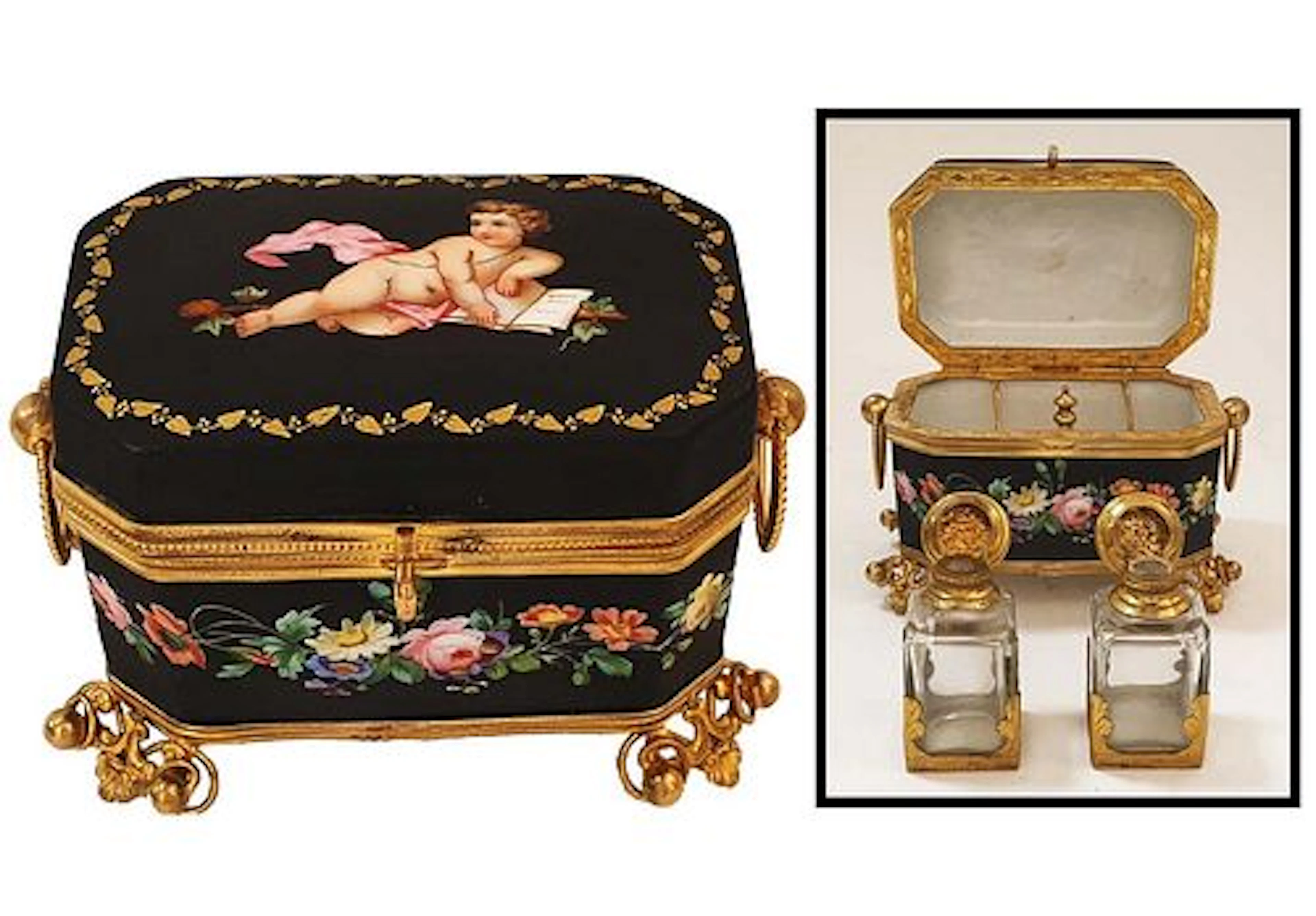 A French Bronze Hand Painted Black Porcelain Perfume Box