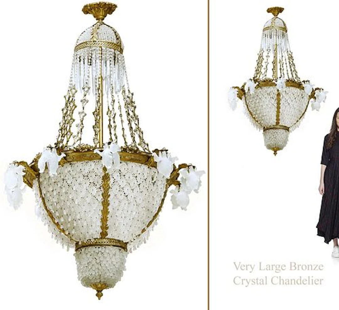 A Very Large French Empire Style Bronze Crystal Chandelier