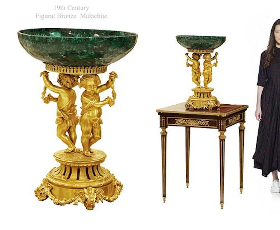 A Large 19th Century French Figural Bronze Malachite Centerpiece