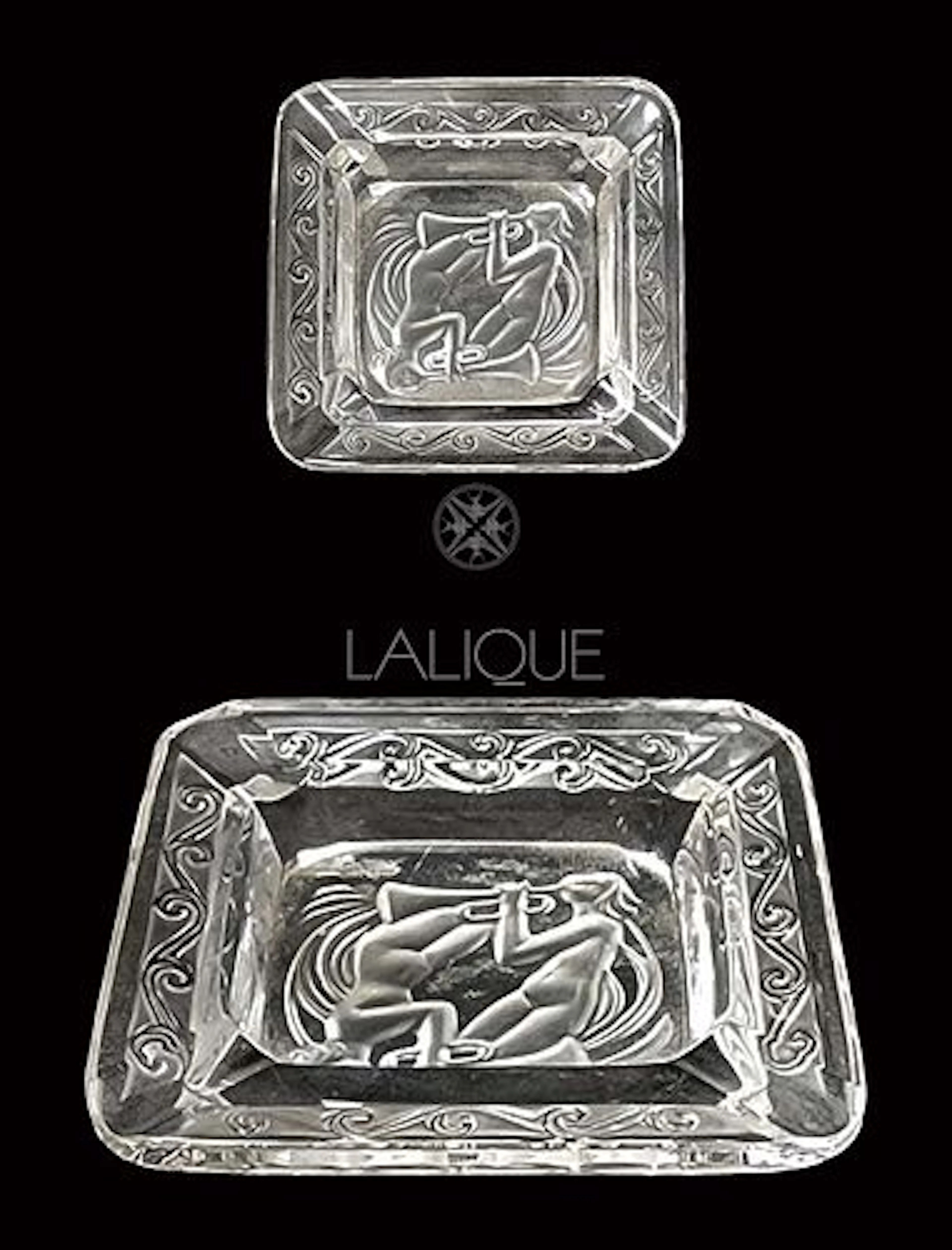 Nude Trumpeters Cendrier, A Lalique Crystal Glass Ashtray, Signed