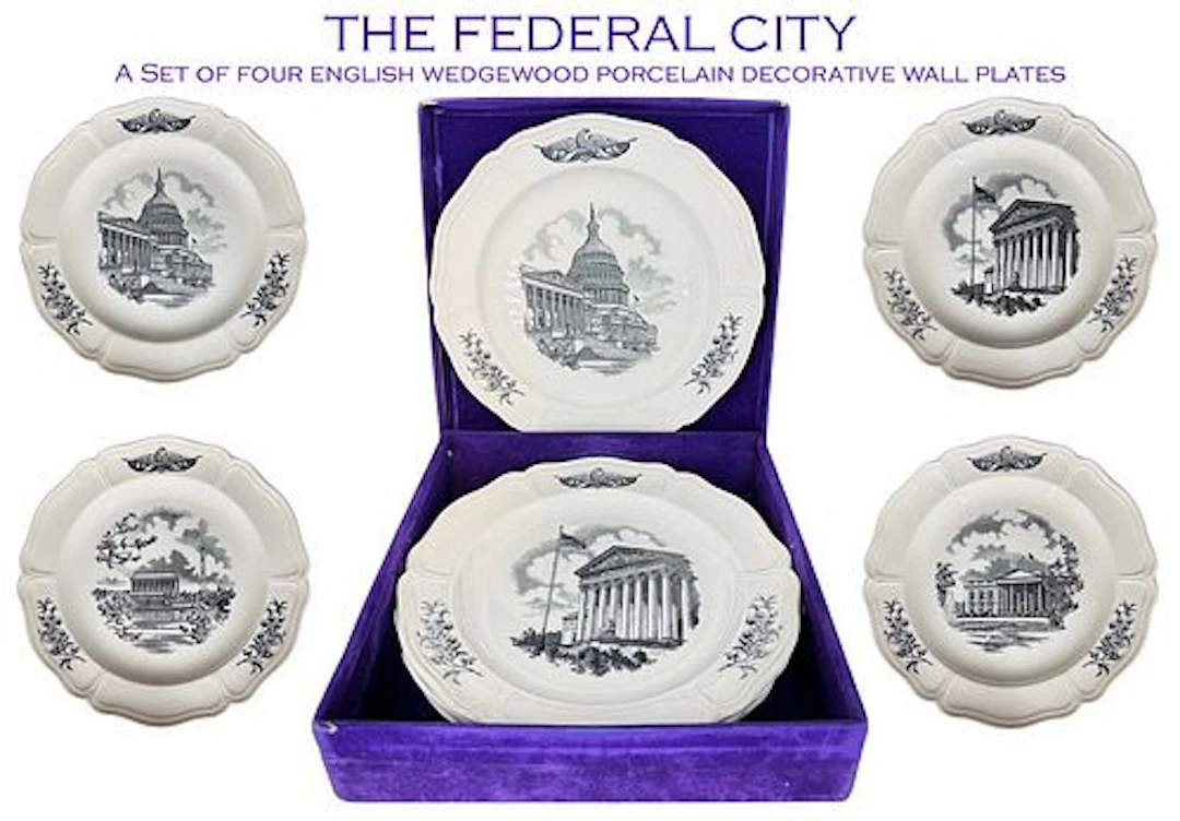 THE FEDERAL CITY, A Set of Four English Wedgewood Plates, Signed In
