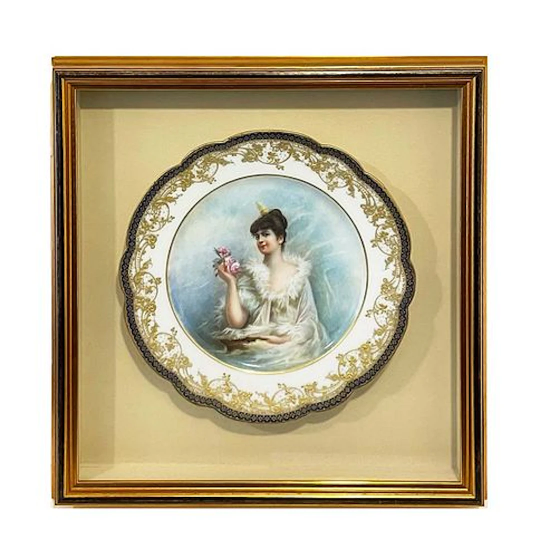 19th C. Hand Painted Porcelain Framed Decorative Wall Plate
