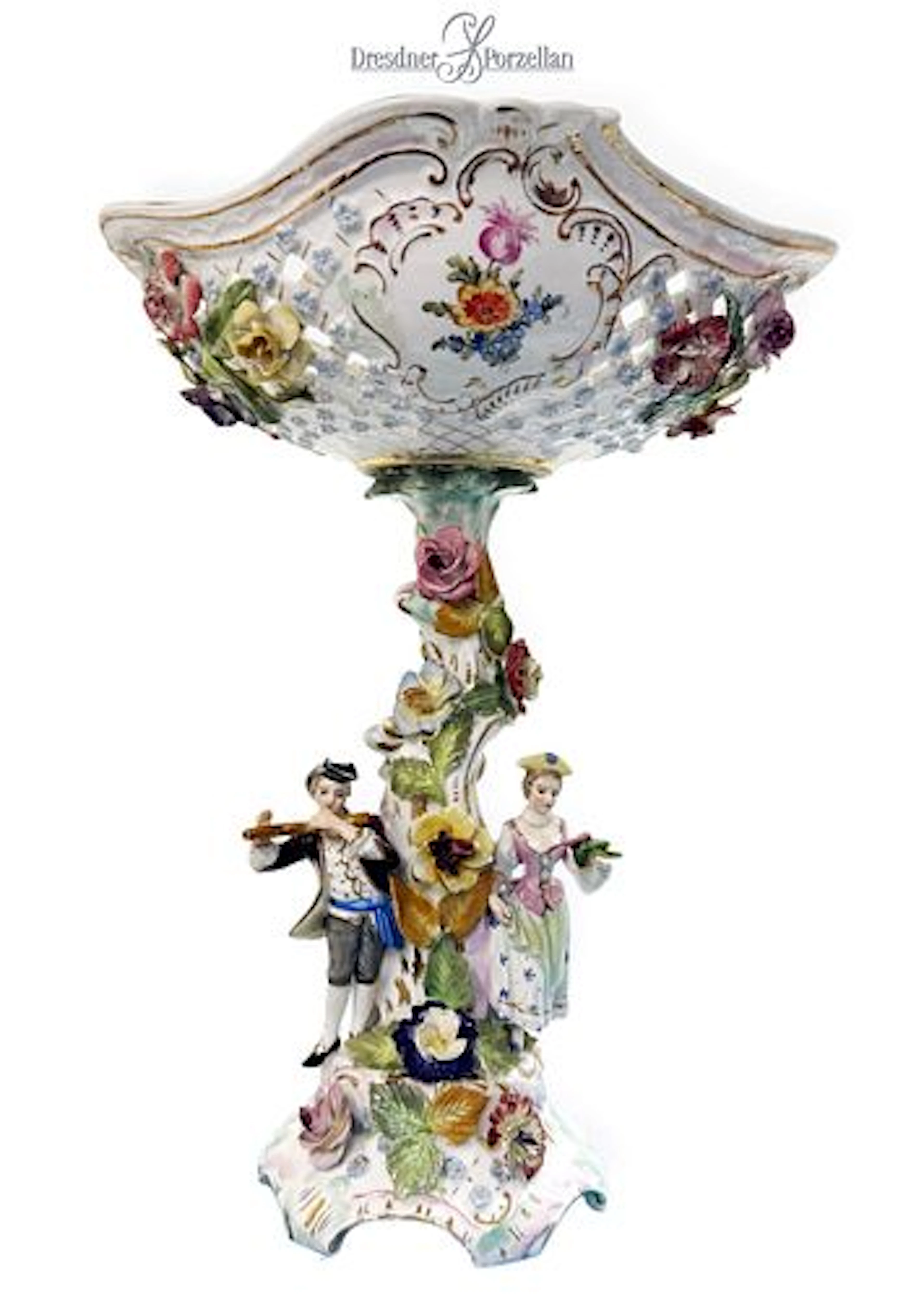 19th C. German Dresden Hand Painted Porcelain Figural Centerpiece/Tazza