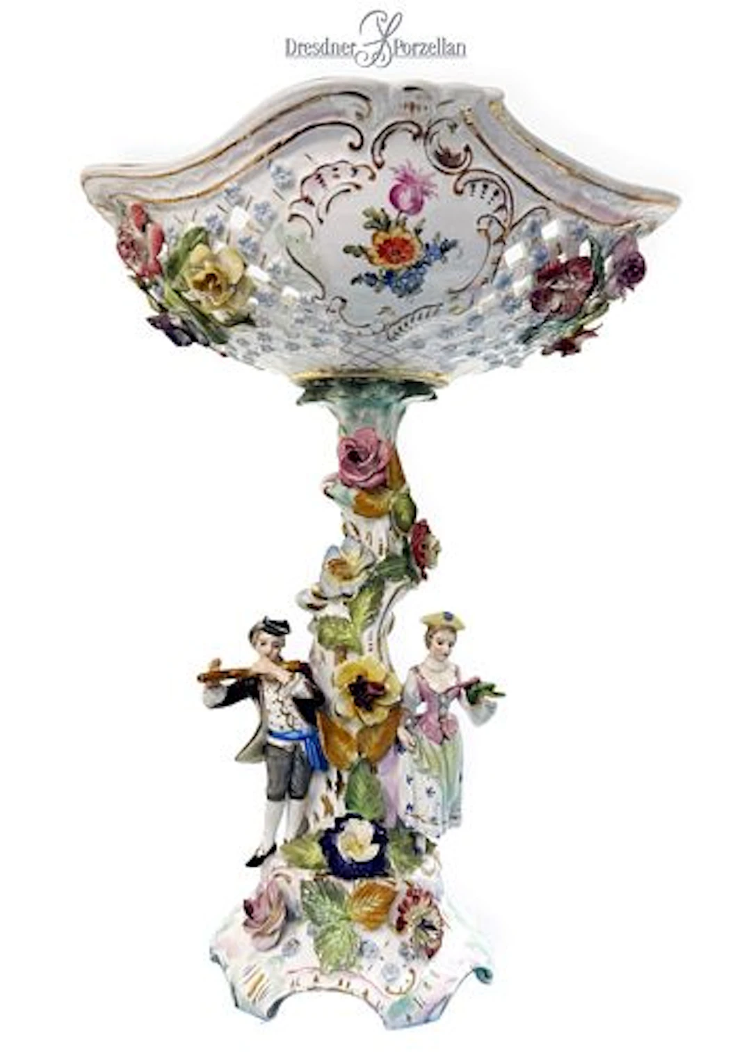 19th C. German Dresden Hand Painted Porcelain Figural Centerpiece/Tazza