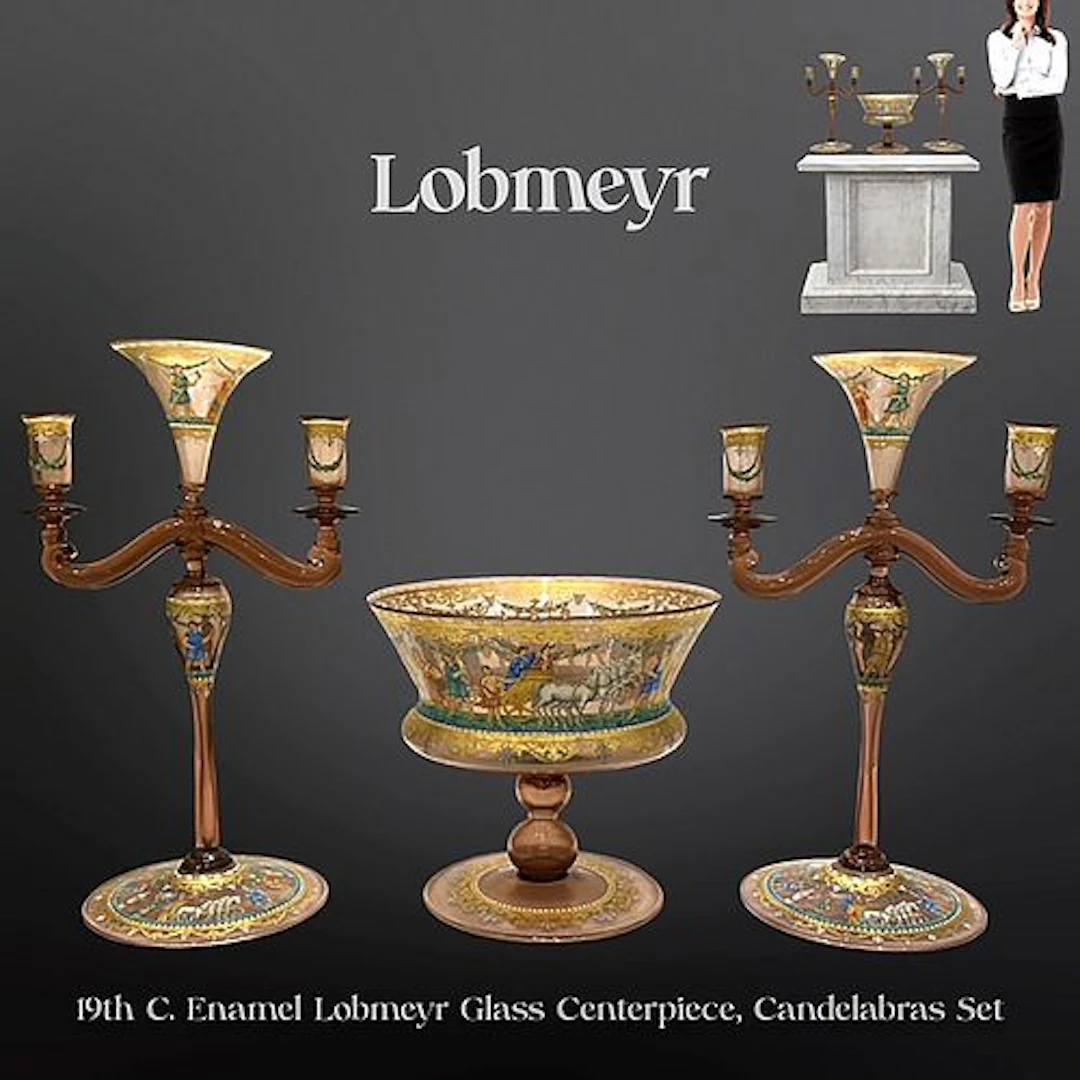 19th C. Austrian Lobmeyr Hand-Enameled Glass Garniture set